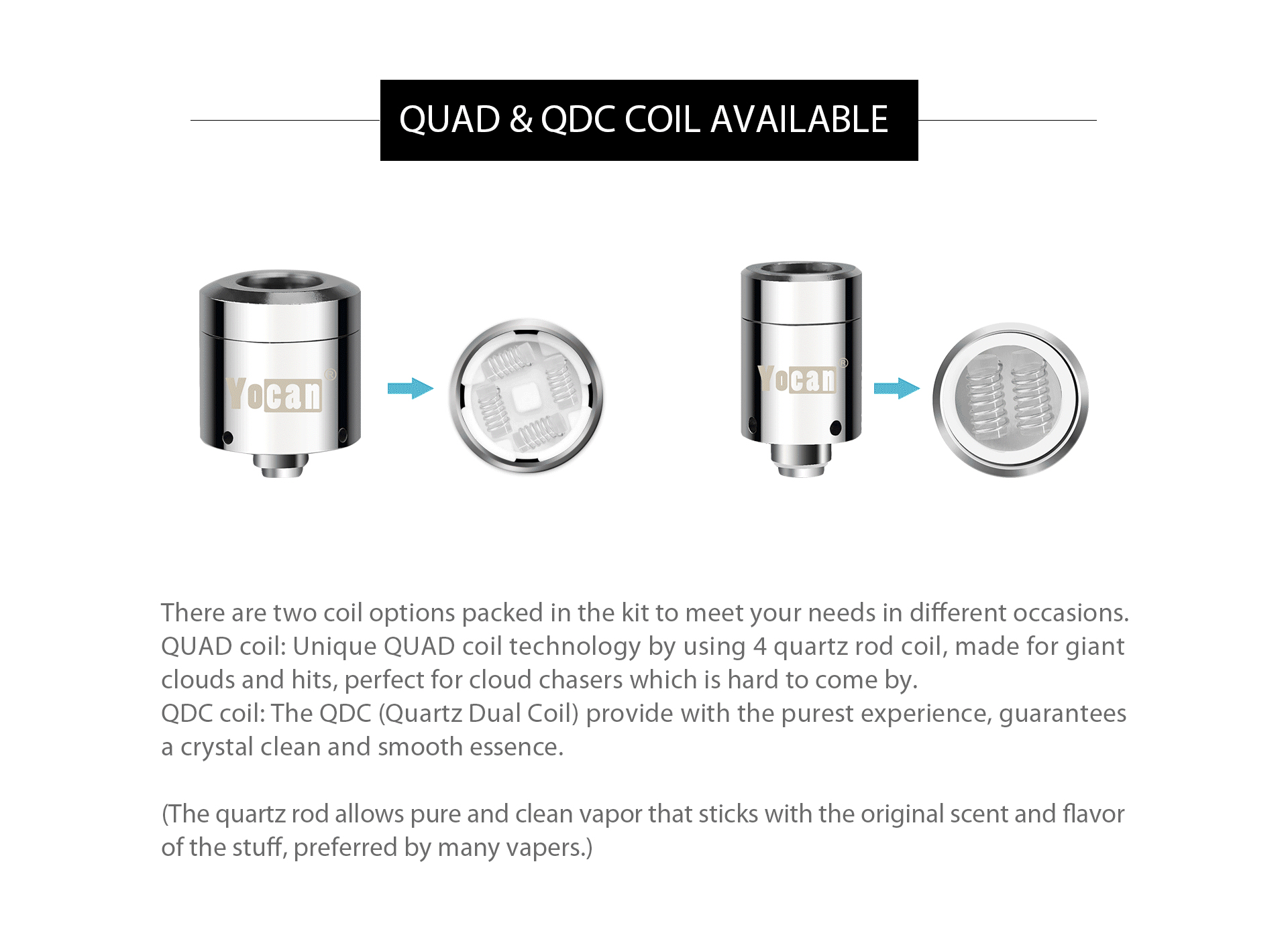 Yocan loaded provide two coil option: QUAD coil and QDC coil.