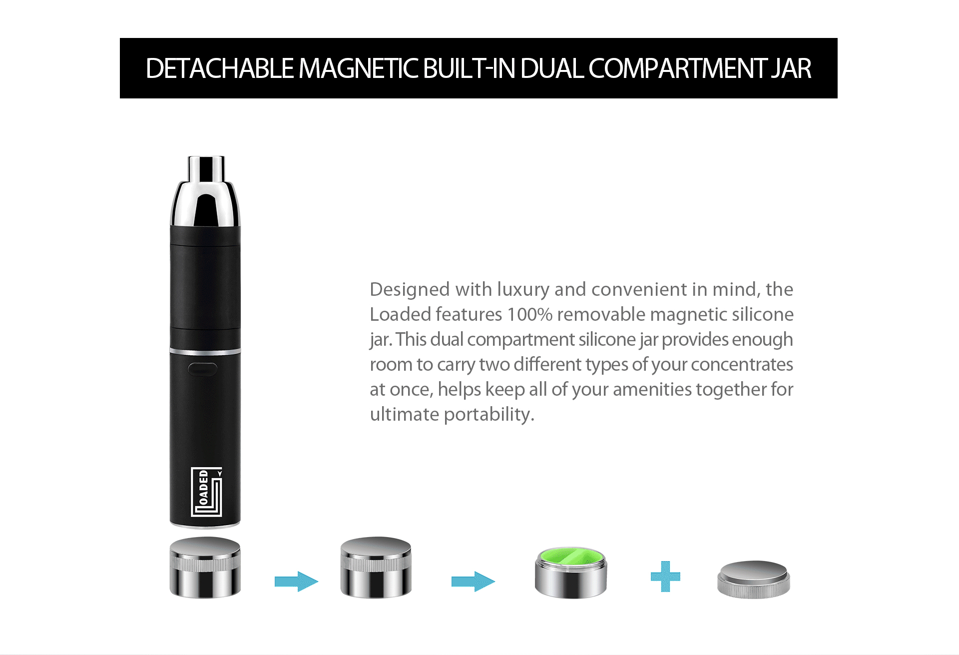 Yocan loaded features 100% removable magnetic silicone jar.