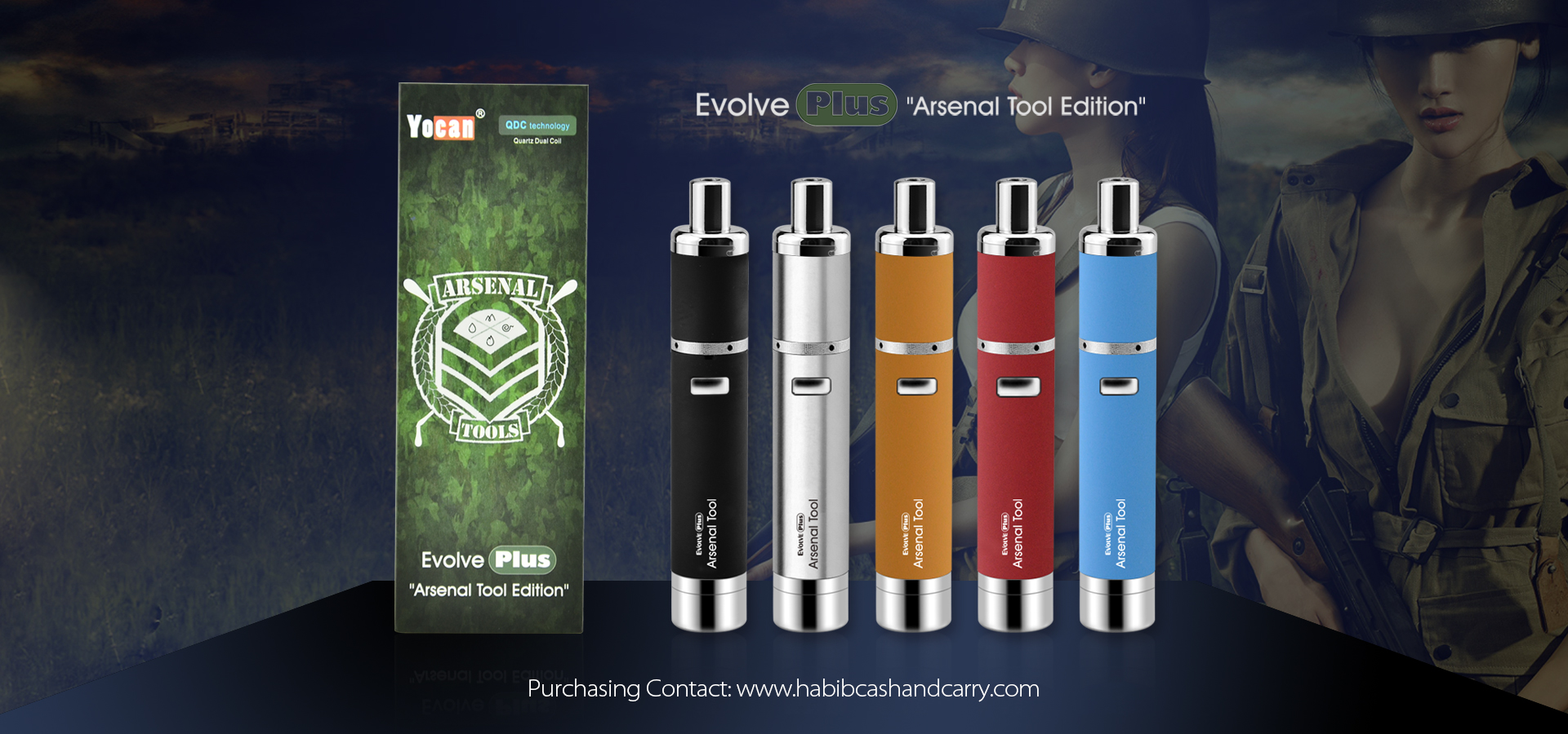 The Yocan Arsenal Edition Evolve Plus Vaporizer is portable, powerful and includes a cool rifle dab tool.