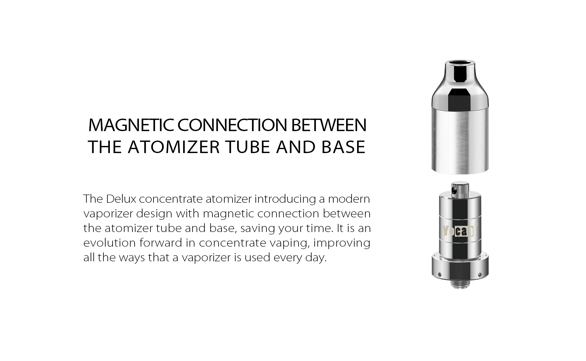Magnetic connection between the Yocan DeLux atomizer tube and Yocan DeLux base.