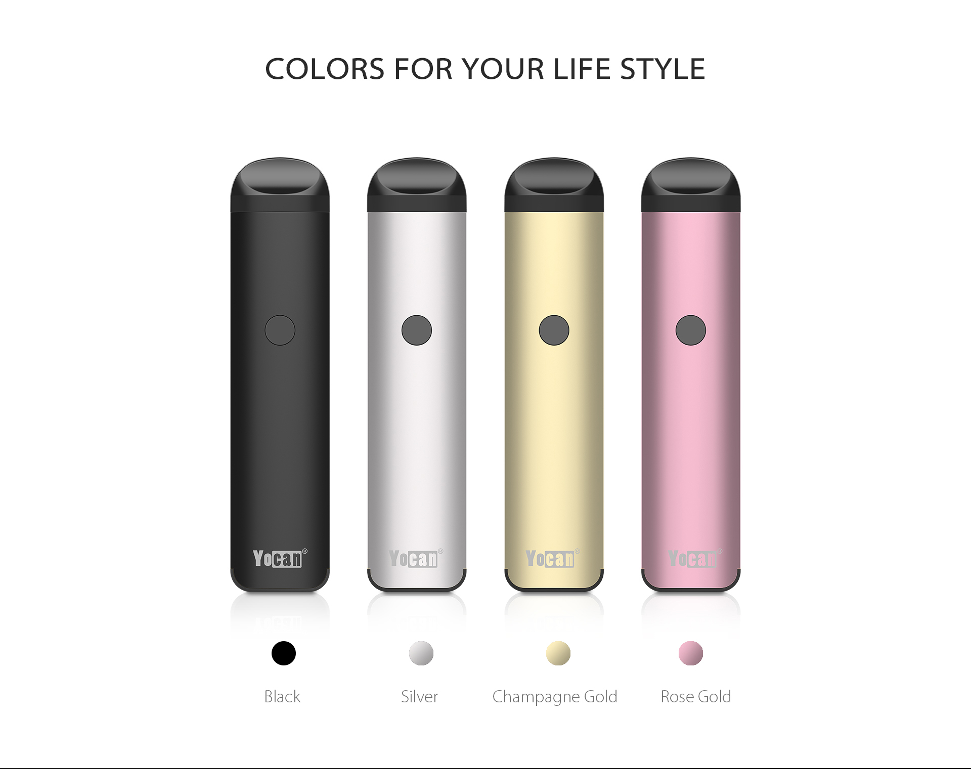 The Yocan Evolve 2.0 comes with four colors: black, silver, champagne gold and rose gold.