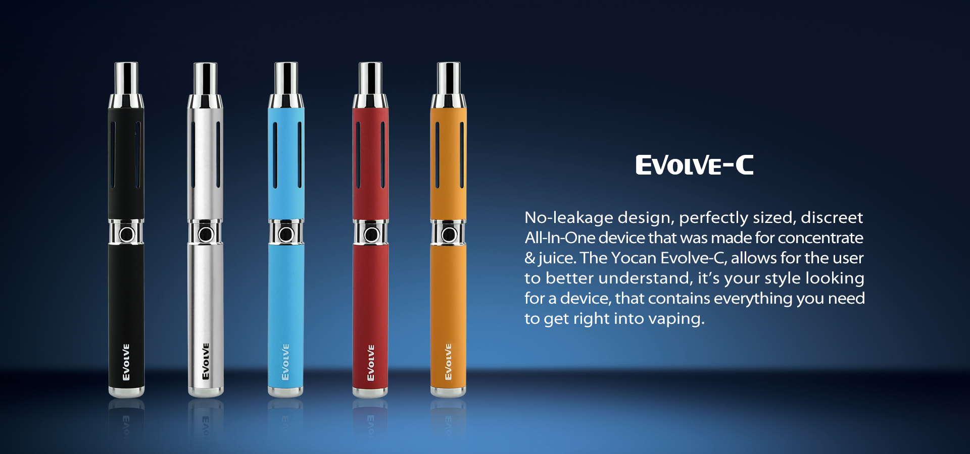 The Yocan Evolve C is a pen-style vaporizer designed for use with both waxes and oils.