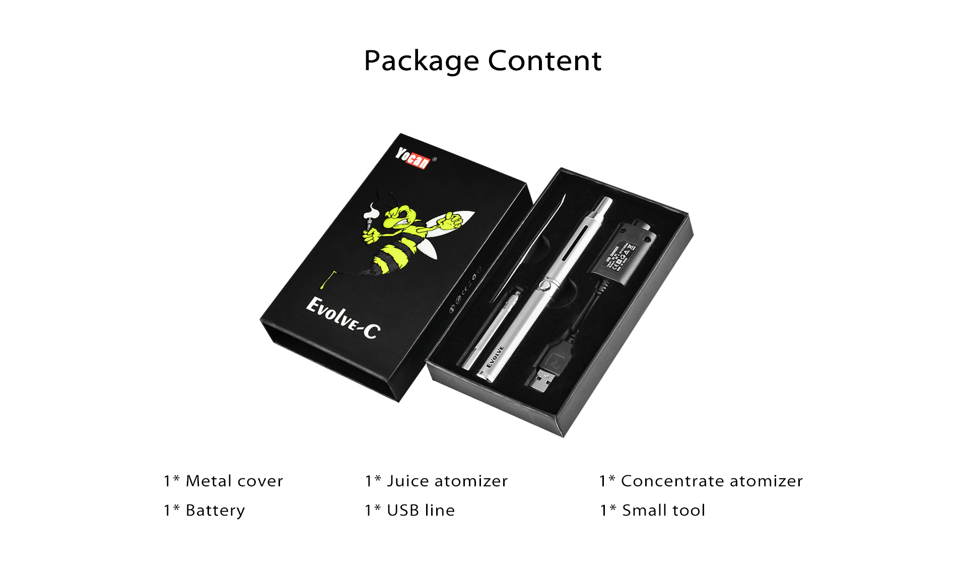 Yocan Evolve C Wax Oil Vaporizer Pen kit package content.