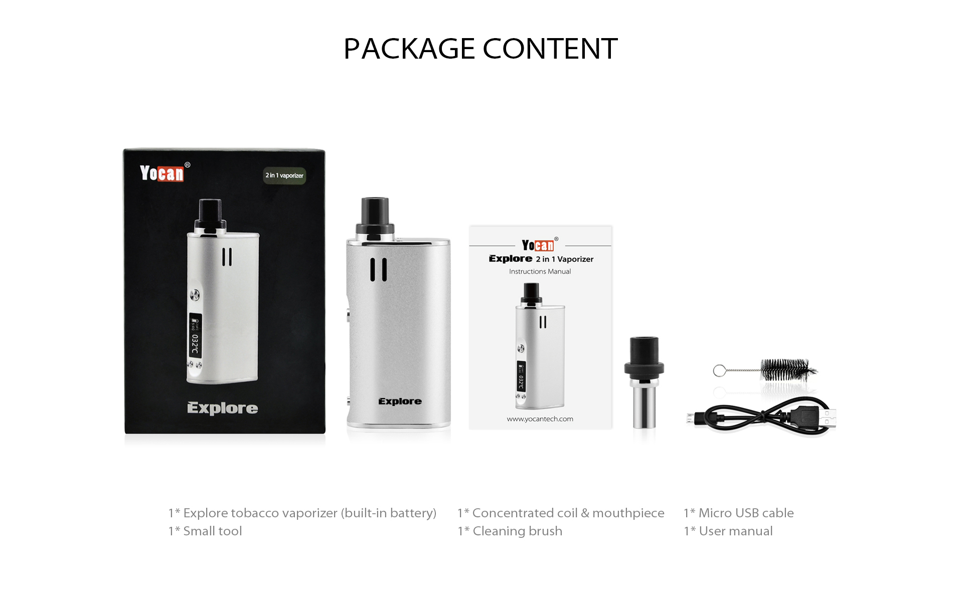 The Yocan Explore package content.