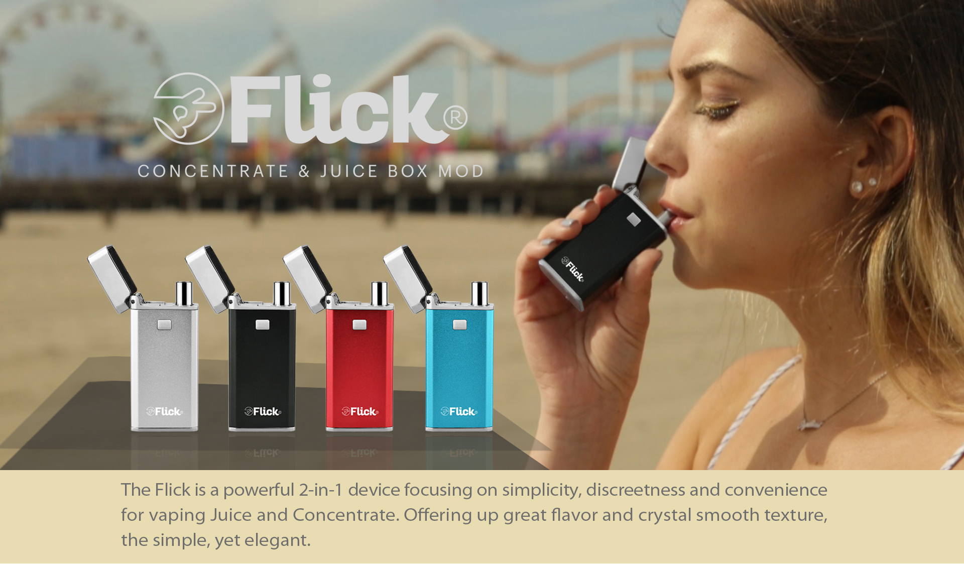 The Yocan Flick is a 2-in-1 box mod with the ability to be used with e-liquids and wax concentrates.
