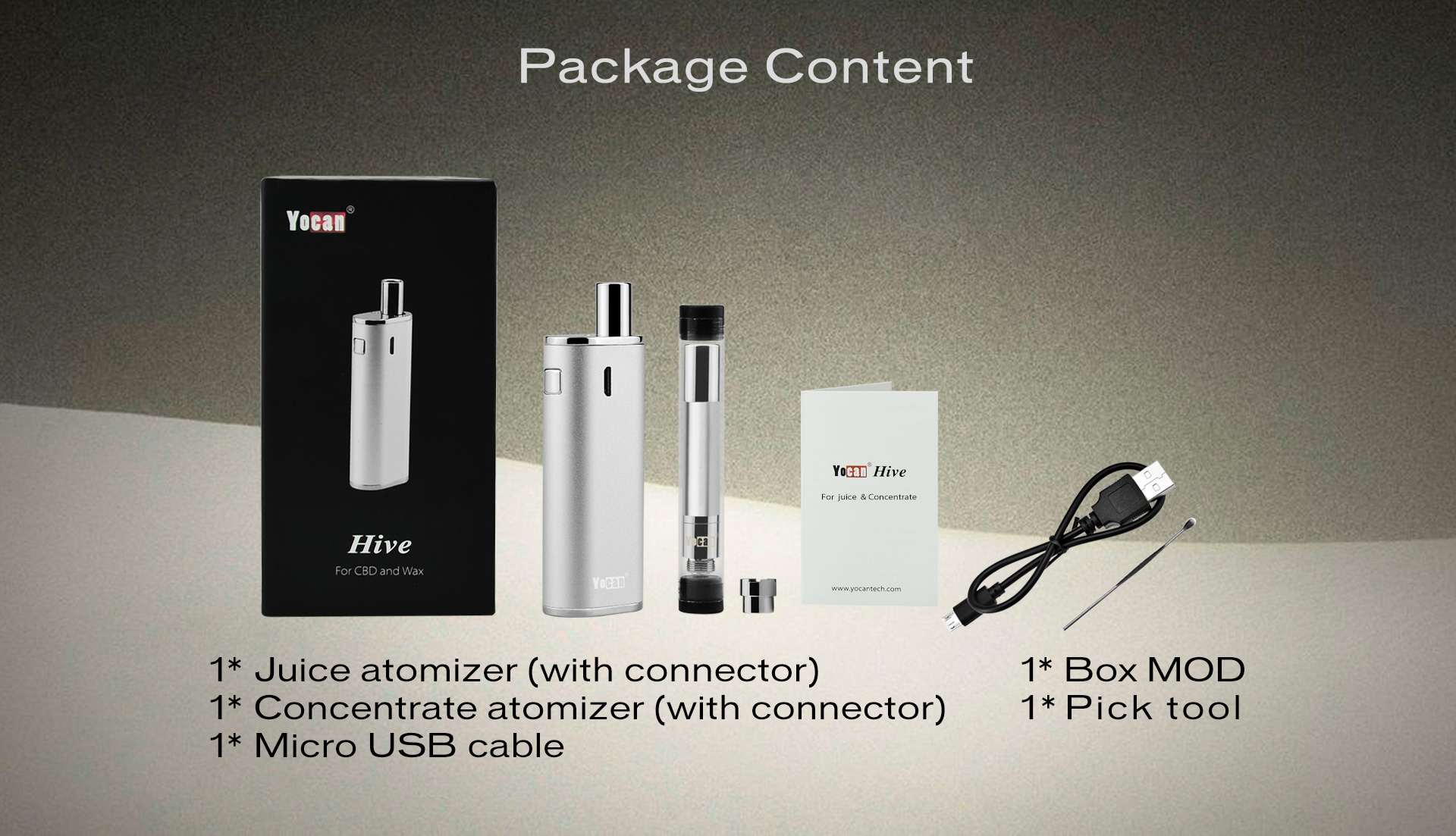 The Yocan Hive Vape Kit 2-in-1 multi-vaporizer pen package content.