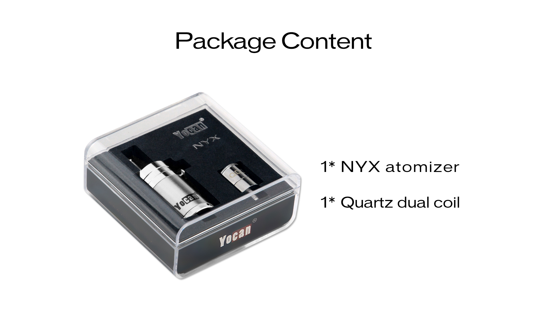 The Yocan NYX Quartz Dual Coil Wax Atomizer package content.