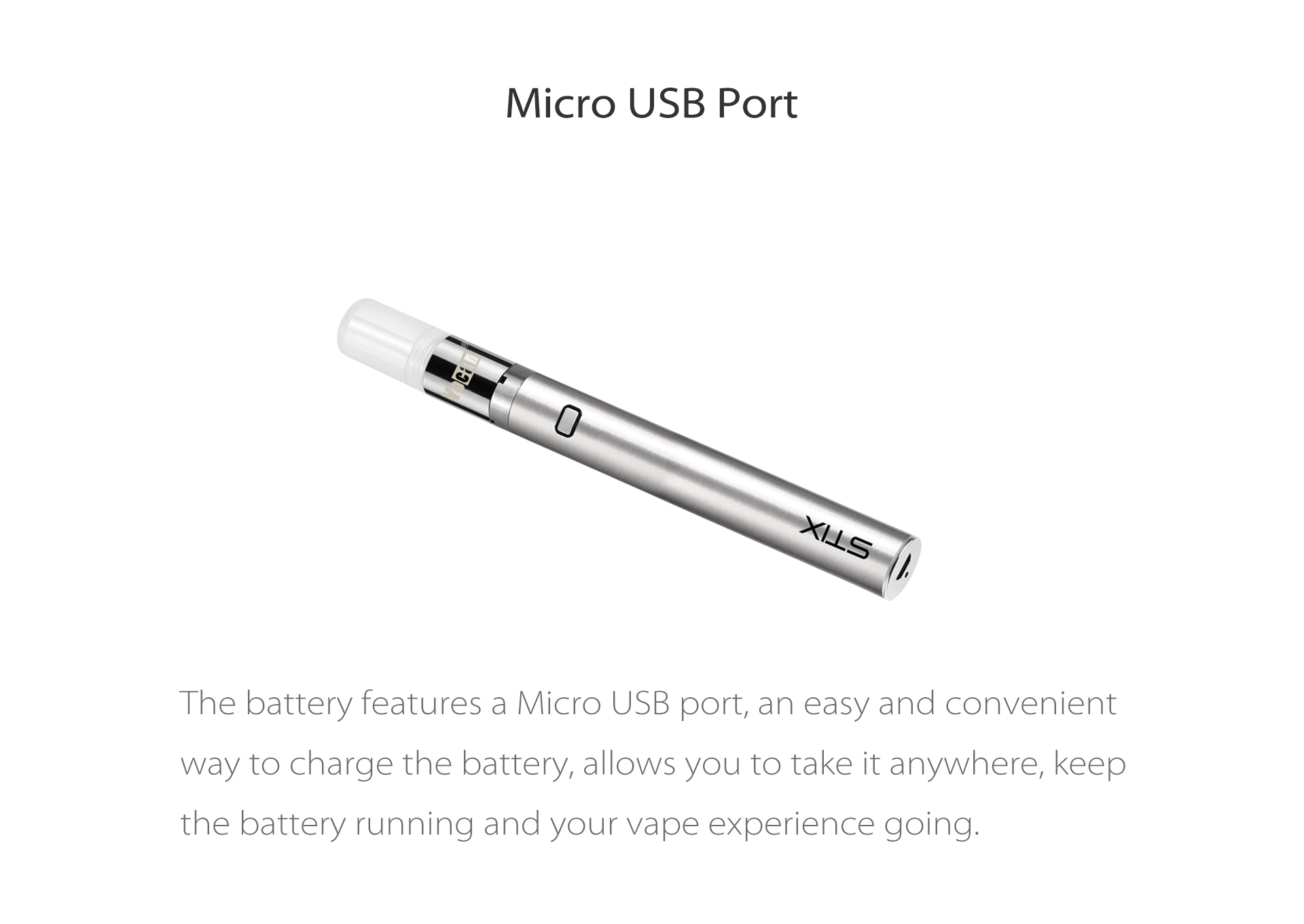 Yocan Stix leak-proof juice vape pen battery features a micro USB port.