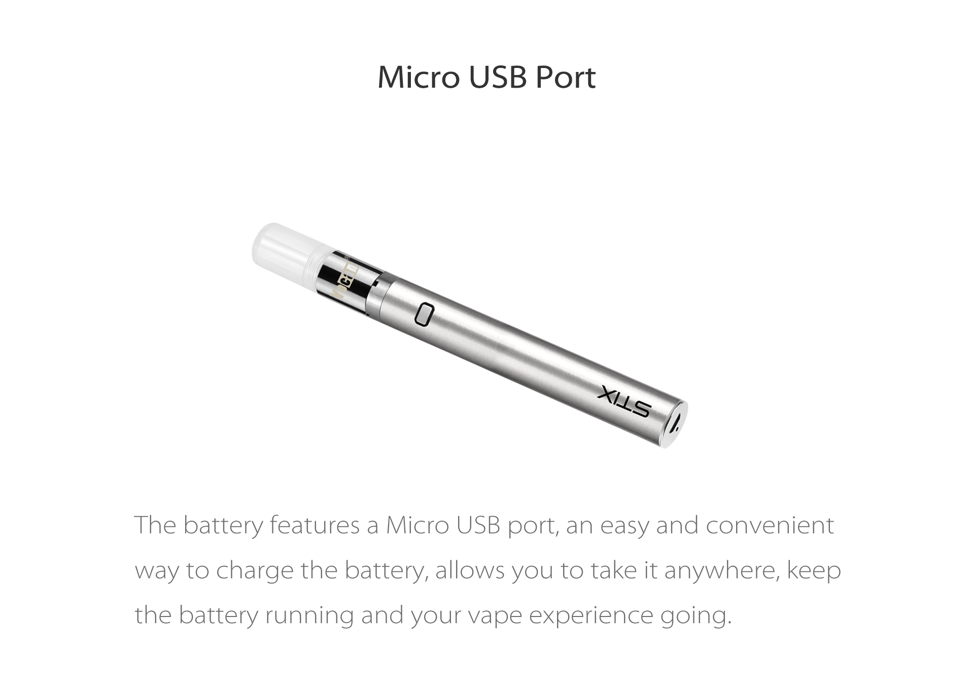 Yocan Stix leak-proof juice vape pen battery features a micro USB port.