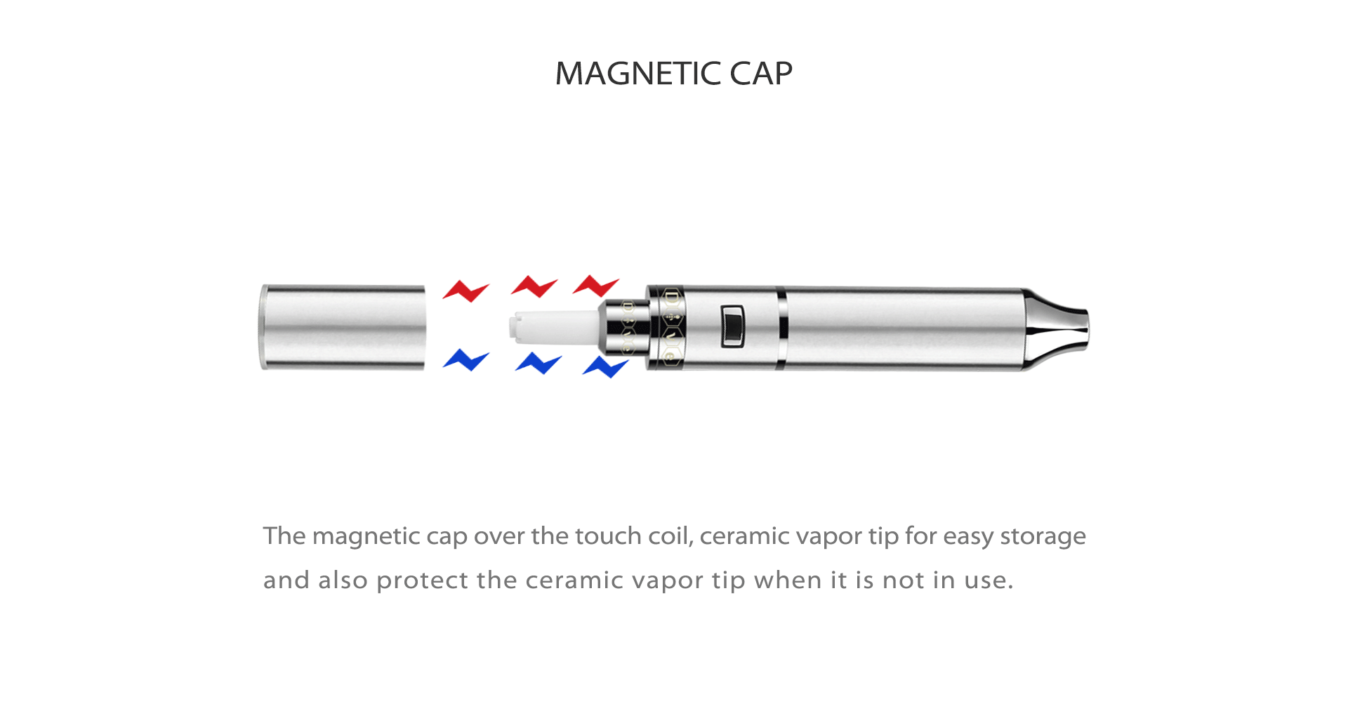 The Yocan magnetic cap over the touch coil, ceramic vapor tip for easy storage.
