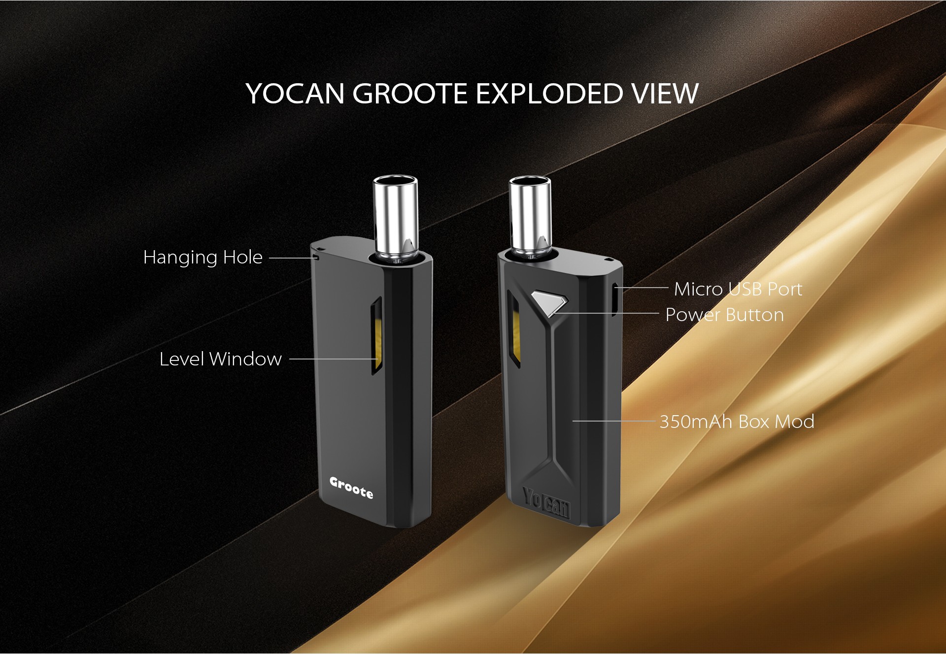 The Yocan Groote box mod exploded view.
