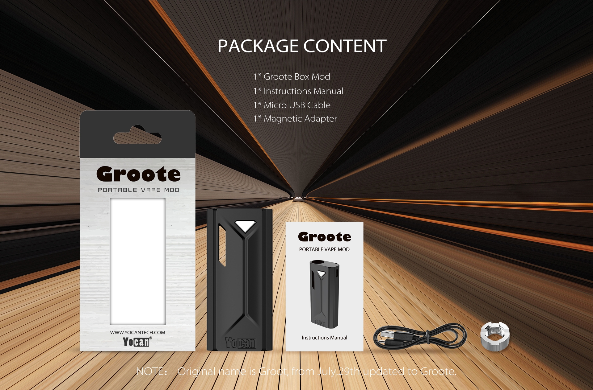 The Yocan Groote box mod battery package content.
