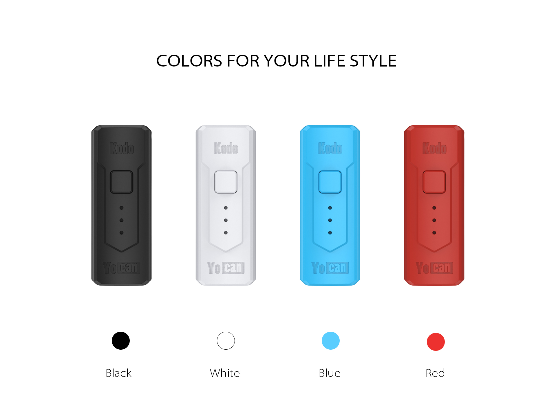 The Yocan Kodo Box Mod Battery come with 4 colors: black, white, blue, red version.