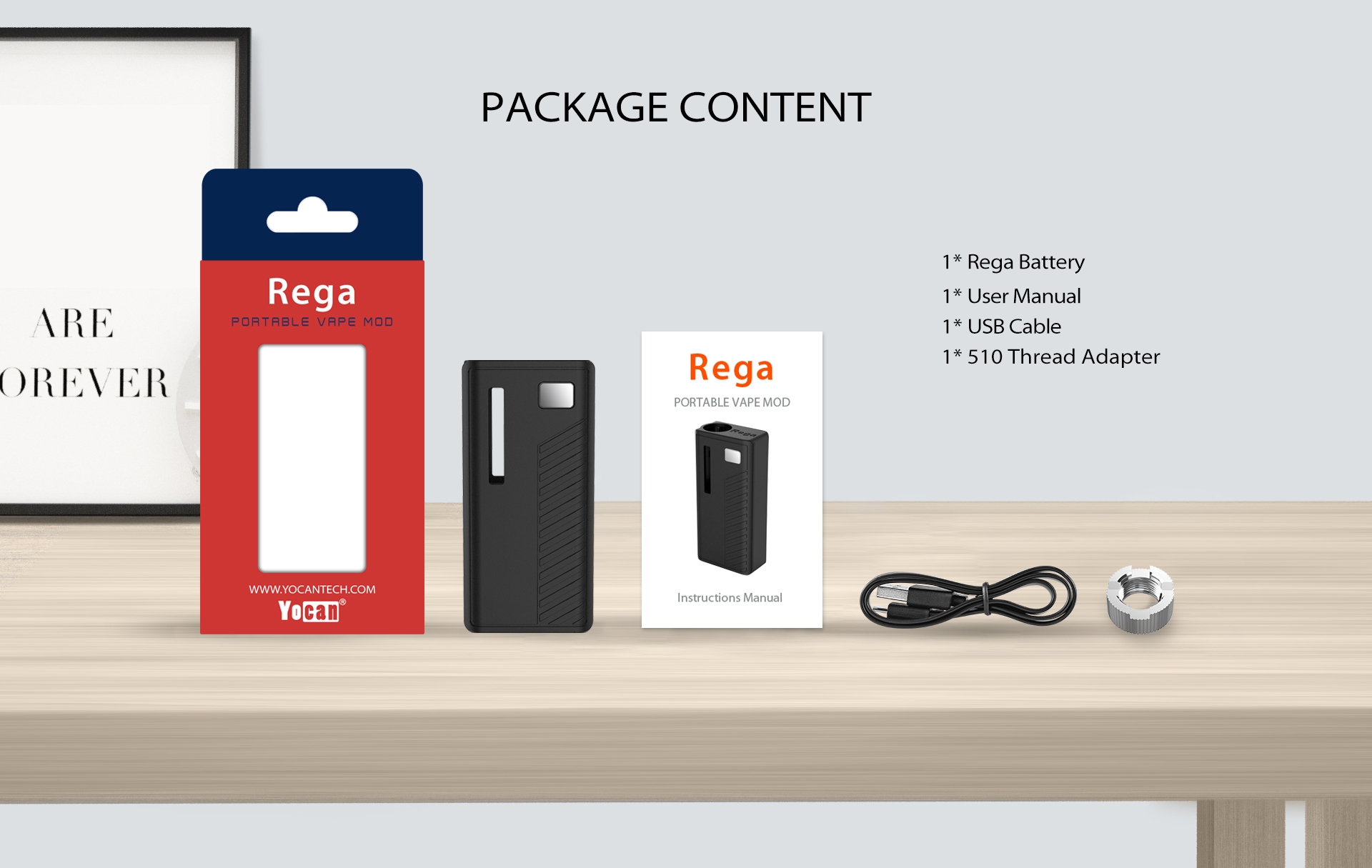 The Yocan Rega Box Mod Battery package content.
