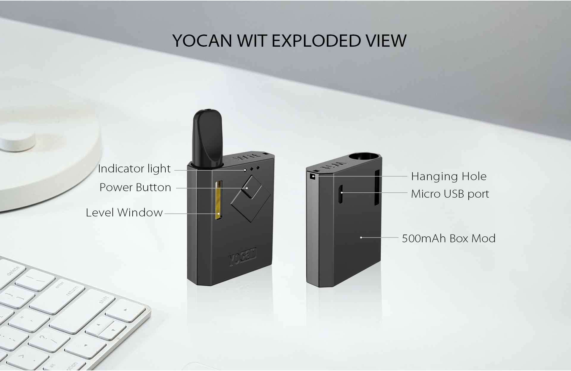 The Yocan Wit Box Mod Battery exploded view.
