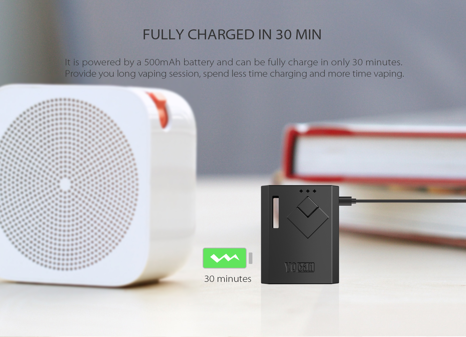 The Yocan Wit Box Mod Battery is powered by a 500mAh battery, and can be fully charge in only 30 min.