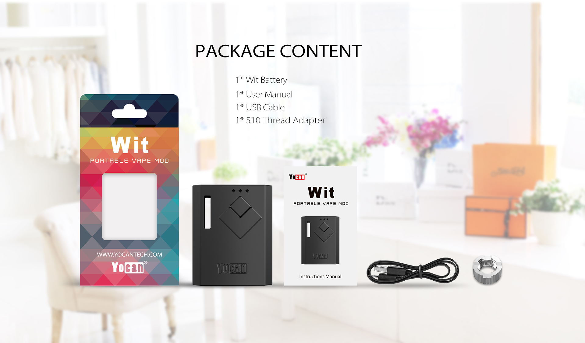 The Yocan Wit Box Mod Battery package content.