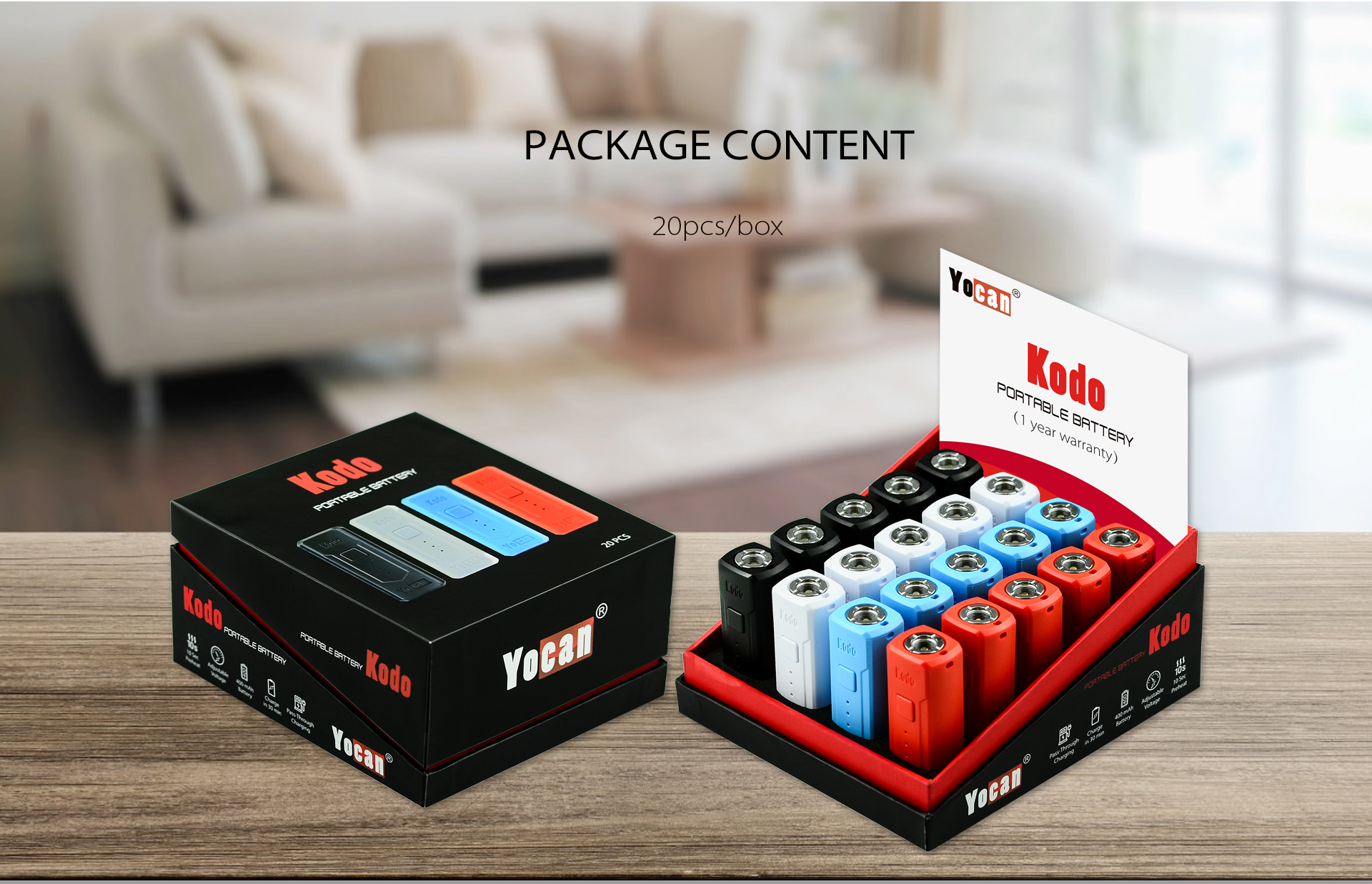 The Yocan Kodo Box Mod Battery package content: 20pcs in one box.