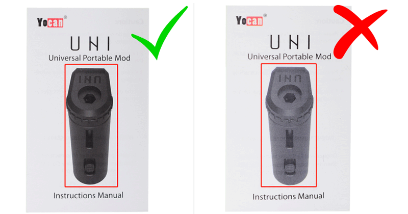 The color of the product image on Copy box is distorted with gray color, while Yocan Original is black.