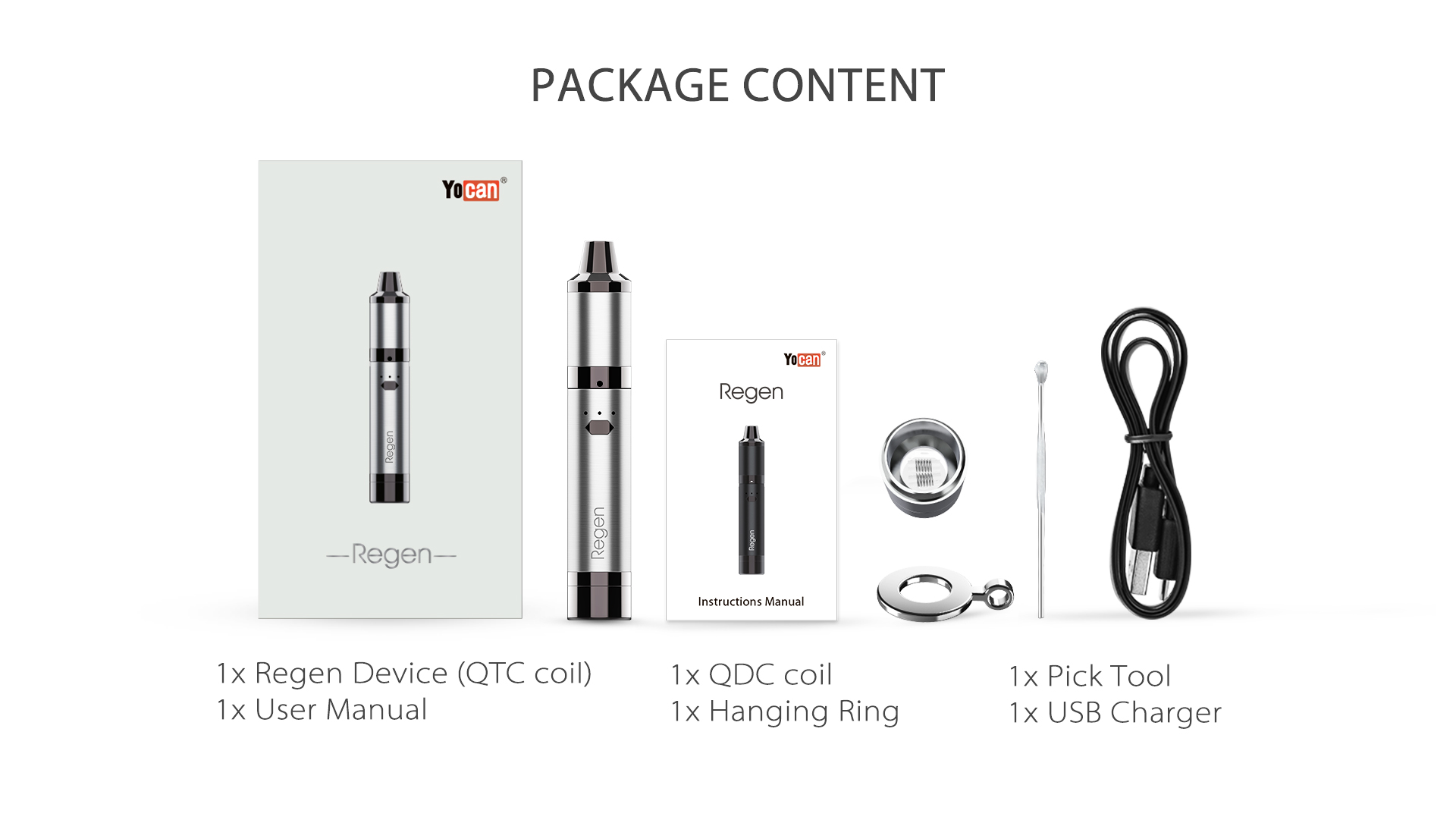 The Package content of Yocan Regen vaporizer pen.