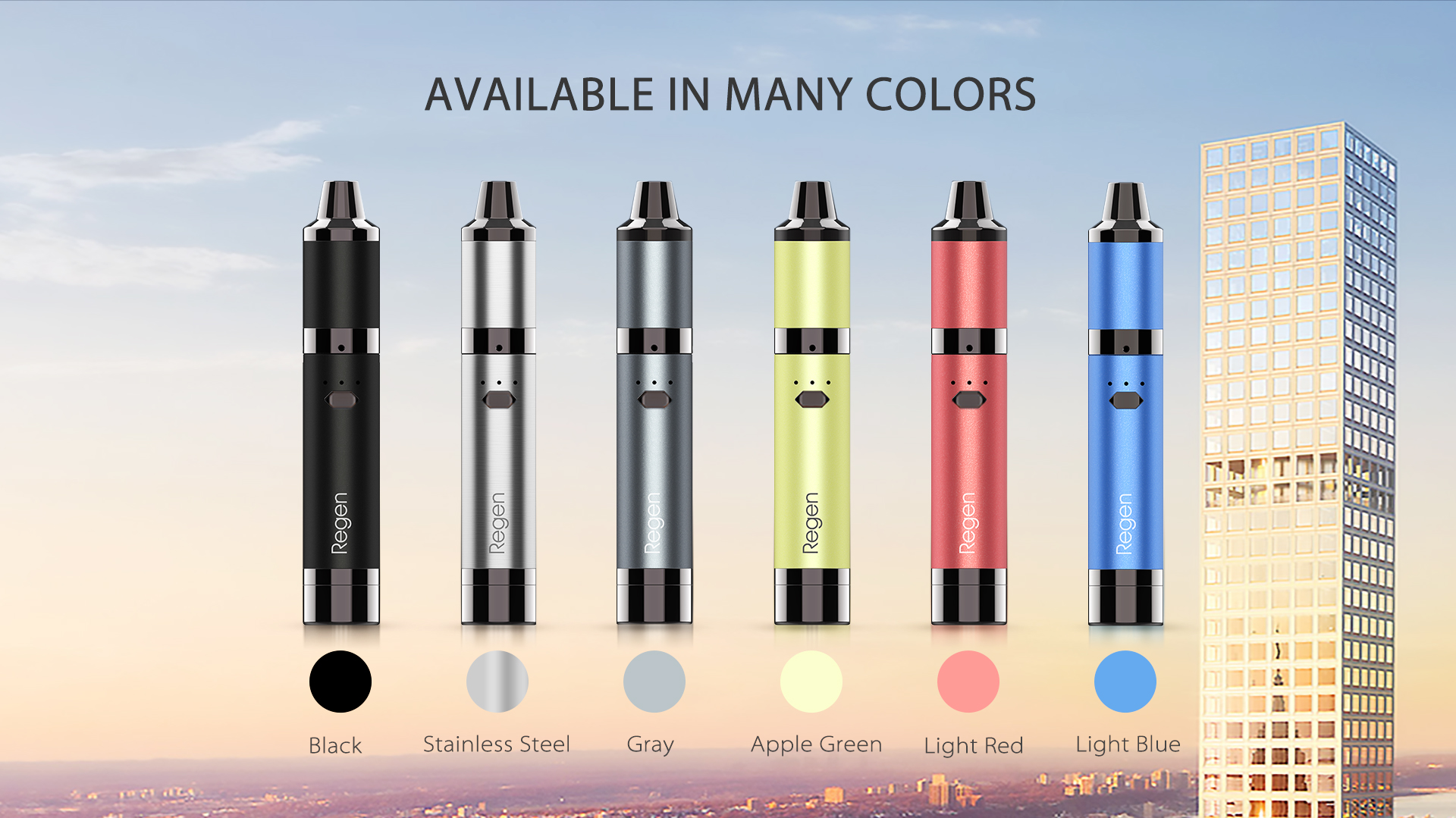 Yocan Regen vaporizer pen come with six colors: Black, Stainless Steel, Gray, Apple Green, Light Red, Light Blue.