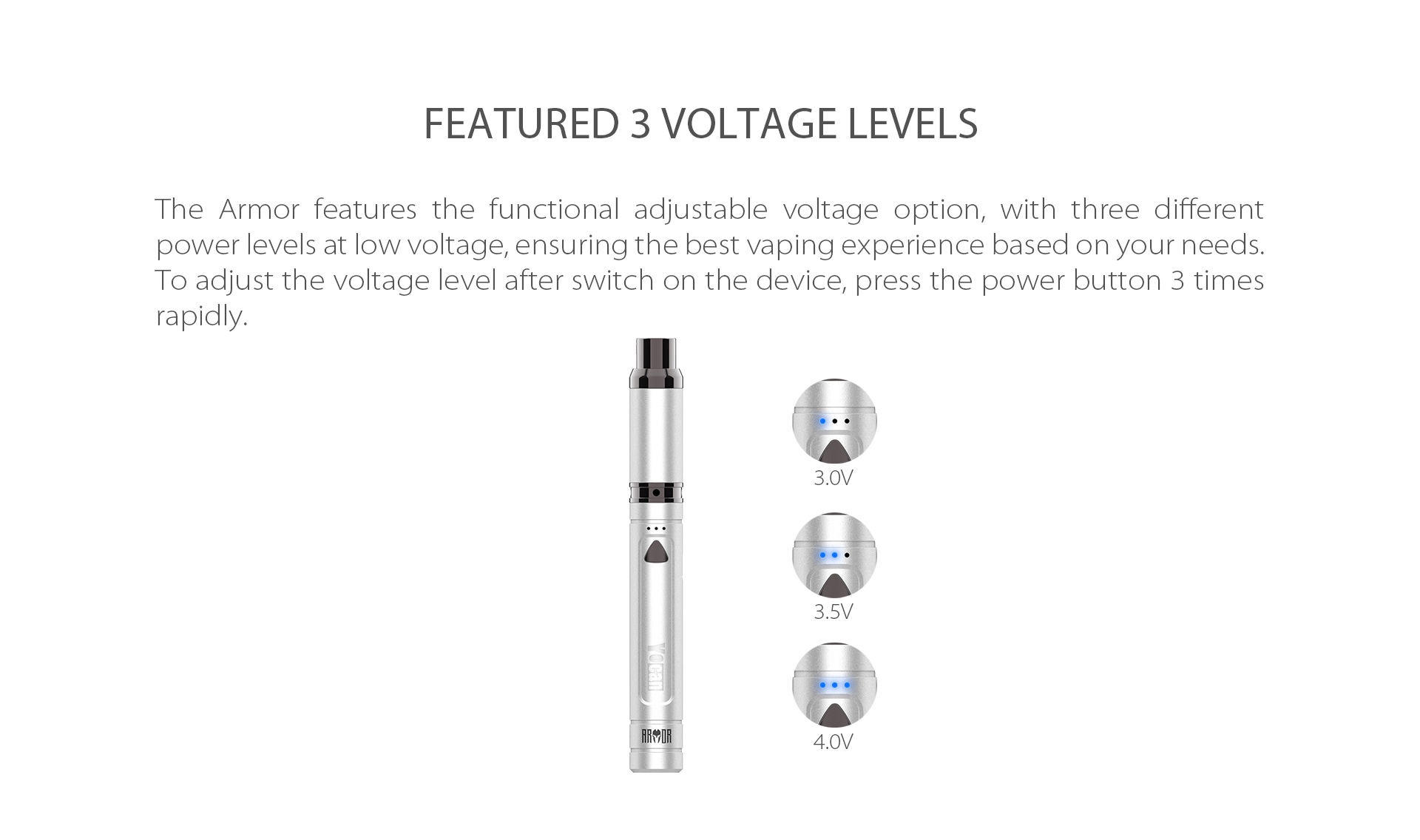 Yocan Armor Vaporizer pen features the functional adjustable voltage option