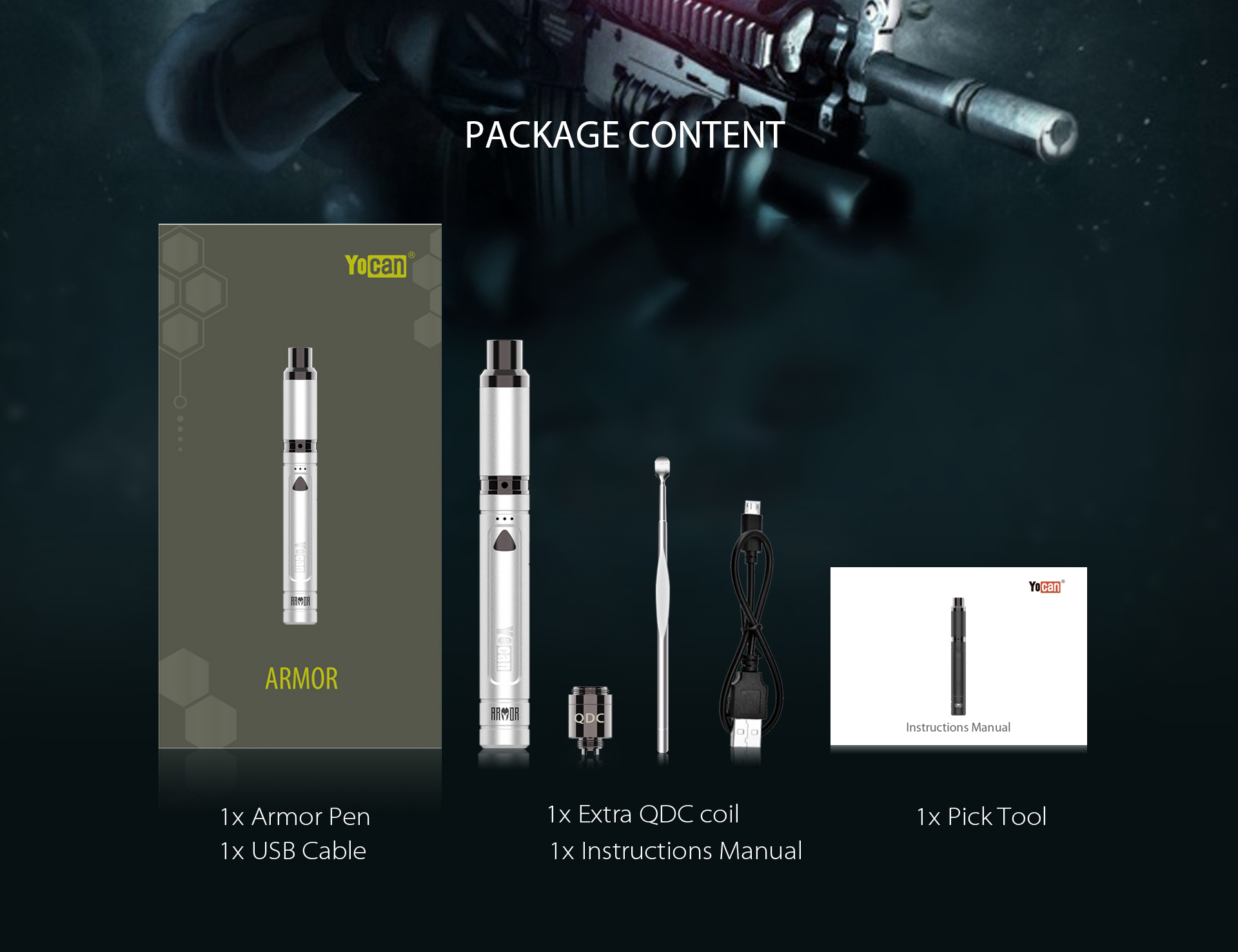 Yocan Armor Vaporizer pen package content.