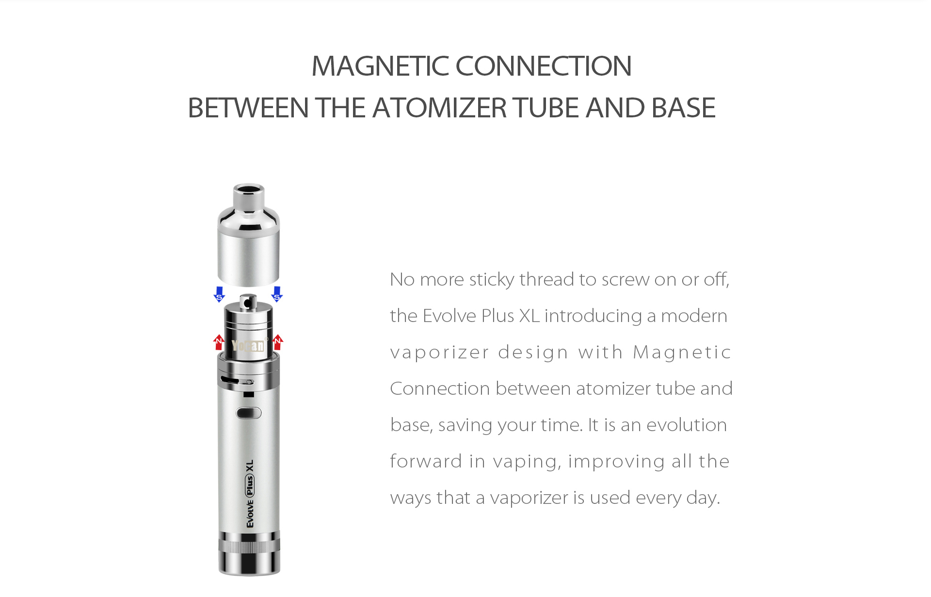 Yocan Evolve Plus XL Vaporizer 2020 version features magnetic connection between the atomizer tube and base.