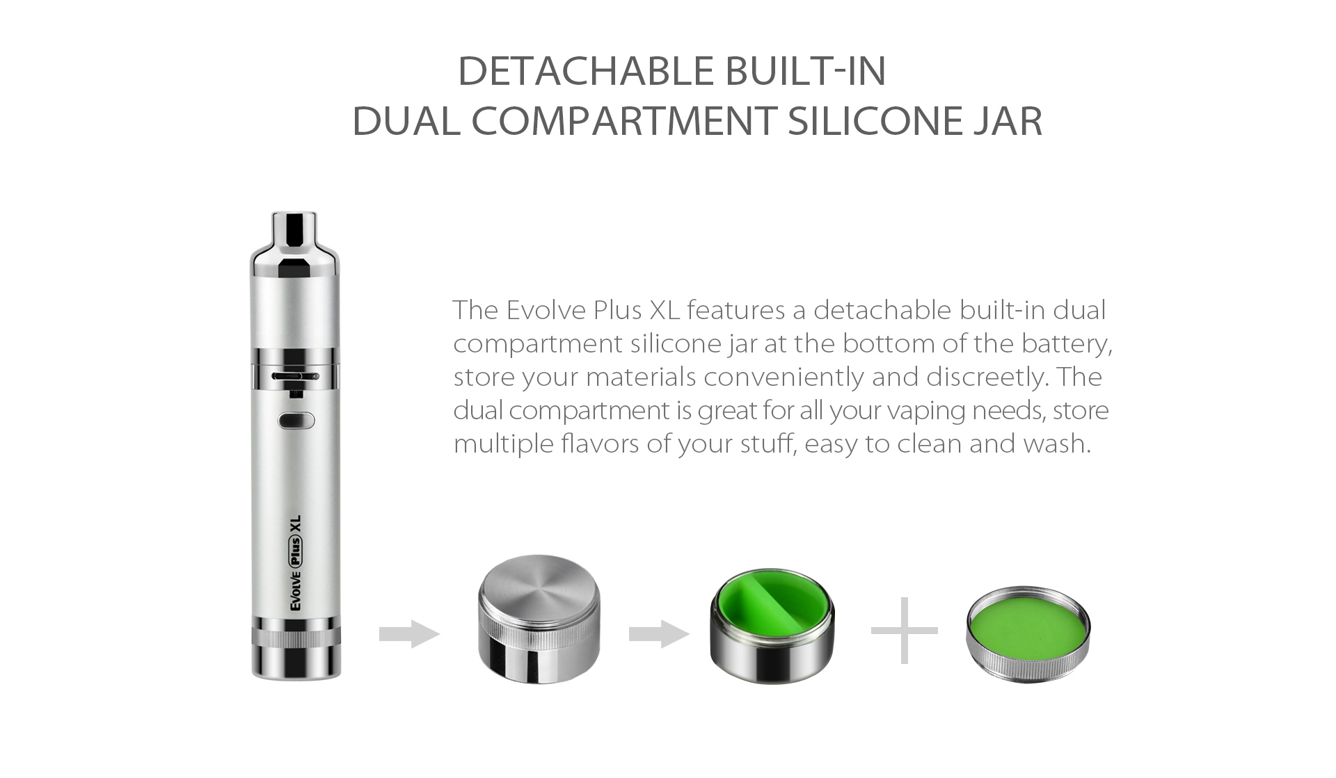 Yocan Evolve Plus XL Vaporizer 2020 version features a detachable built-in dual compartment silicone jar at the bottom of the battery.