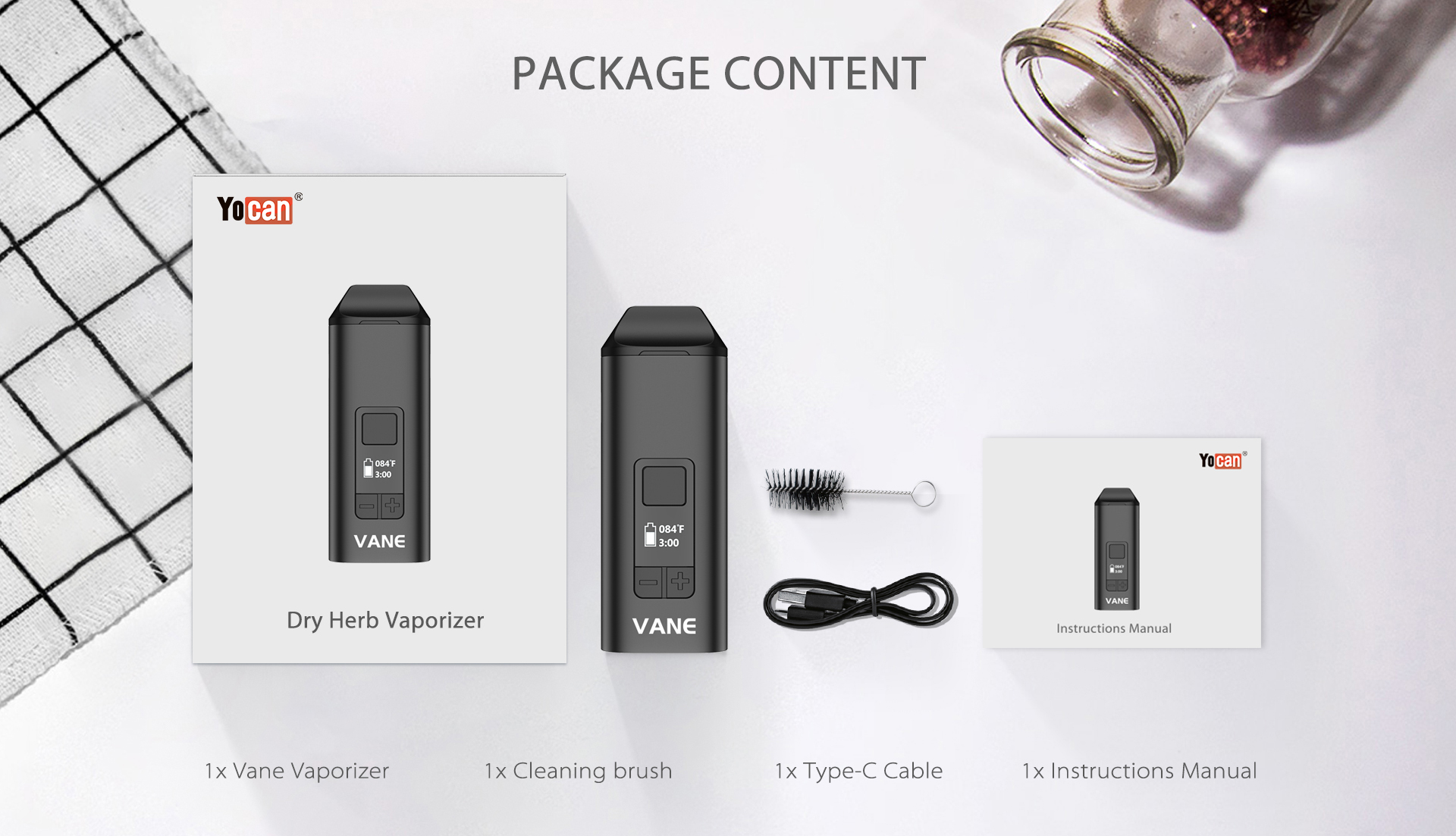 Yocan Vane Dry Vaporizer package content.