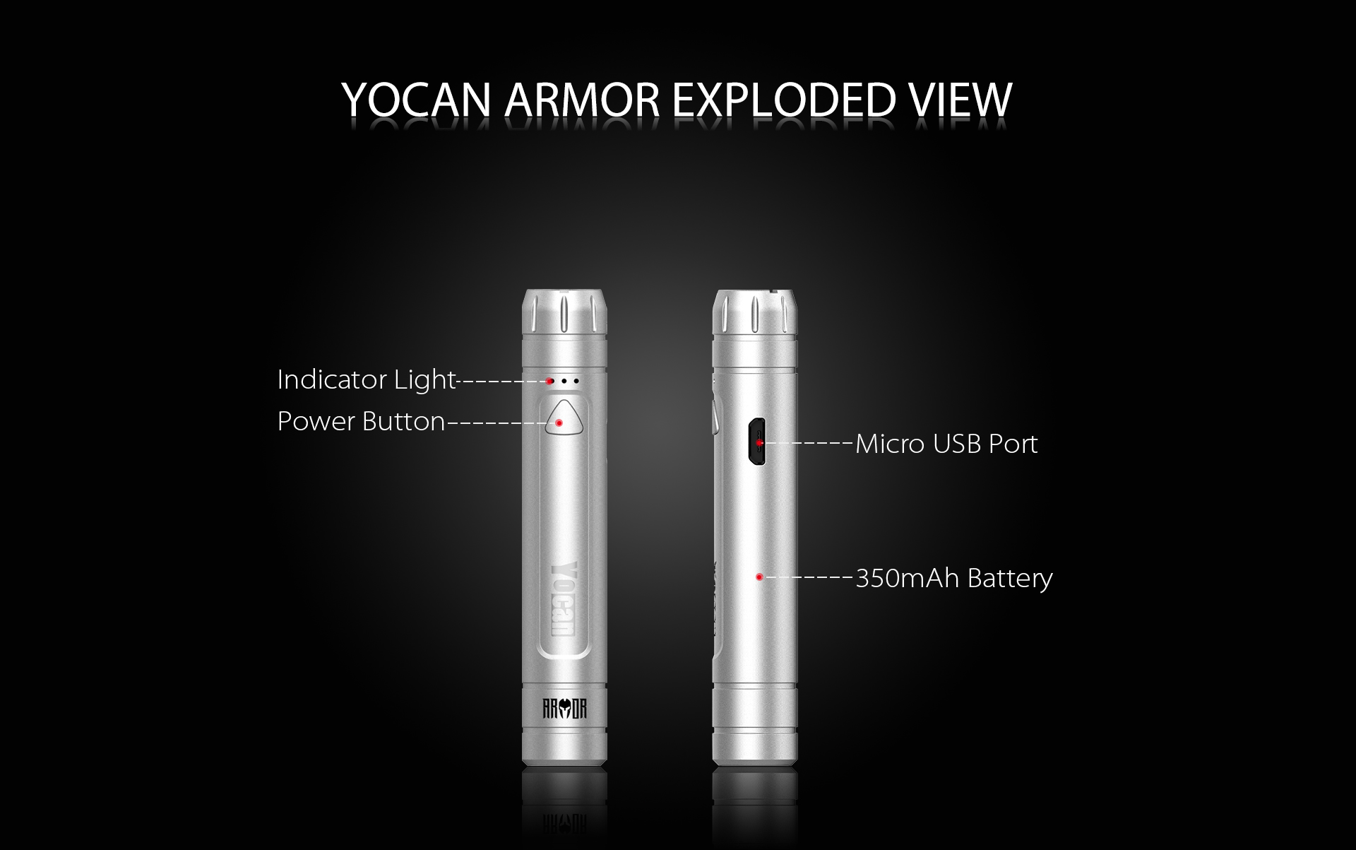 Yocan Armor 510 Thread Battery exploded view.