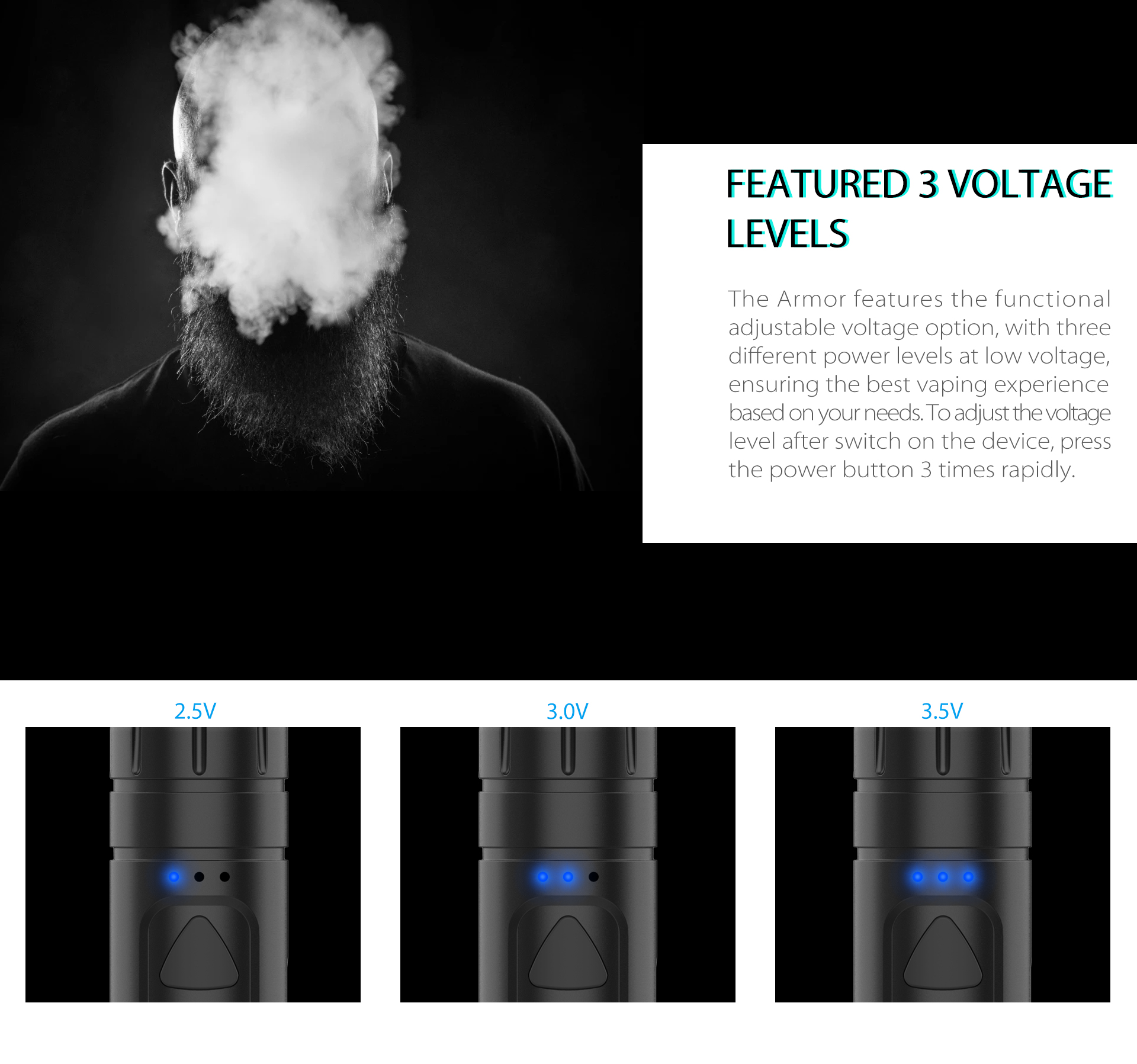 Yocan Armor 510 Thread Battery featured 3 presetting voltage levels.