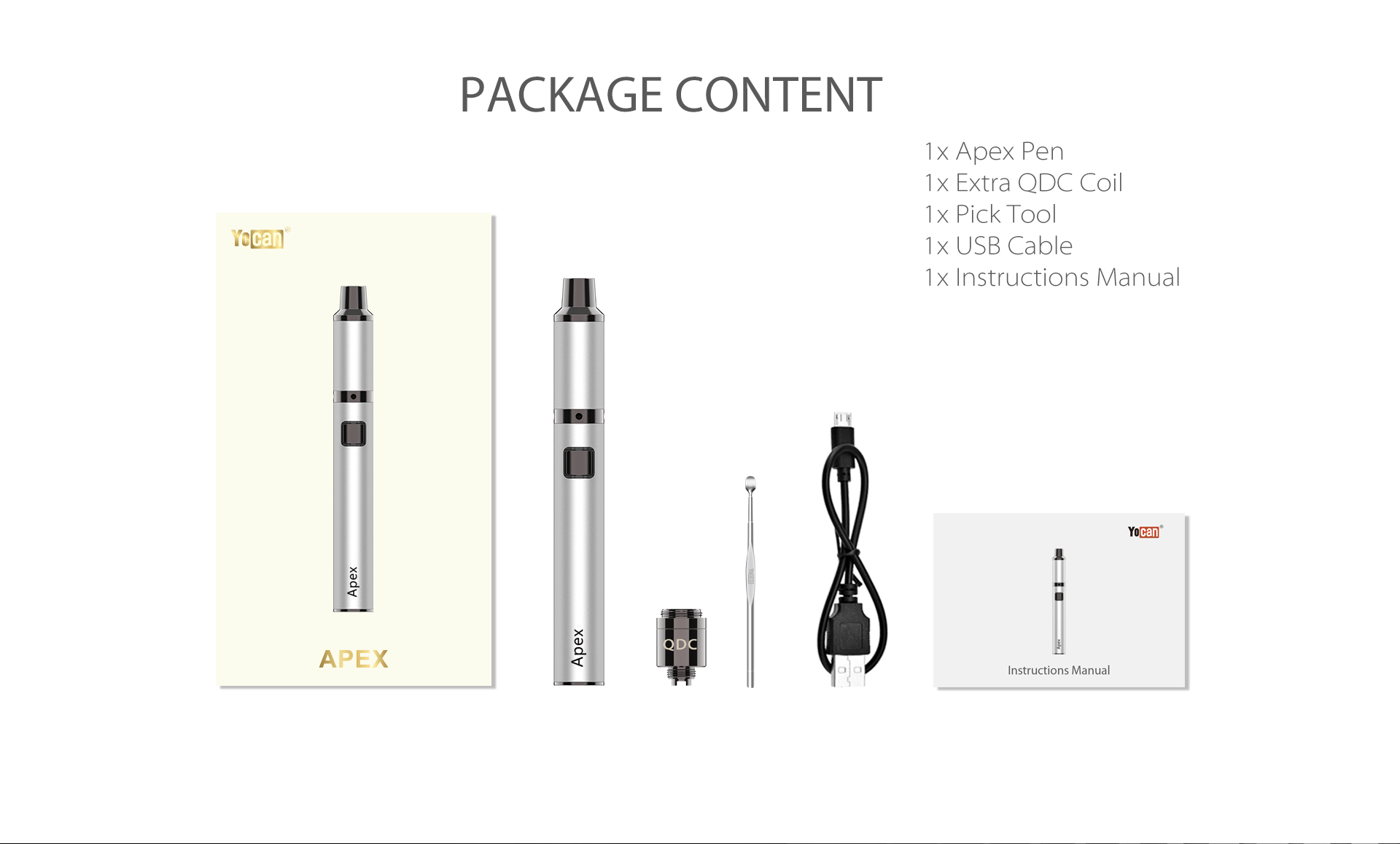 The package content of Yocan Apex concentrate vaporizer pen