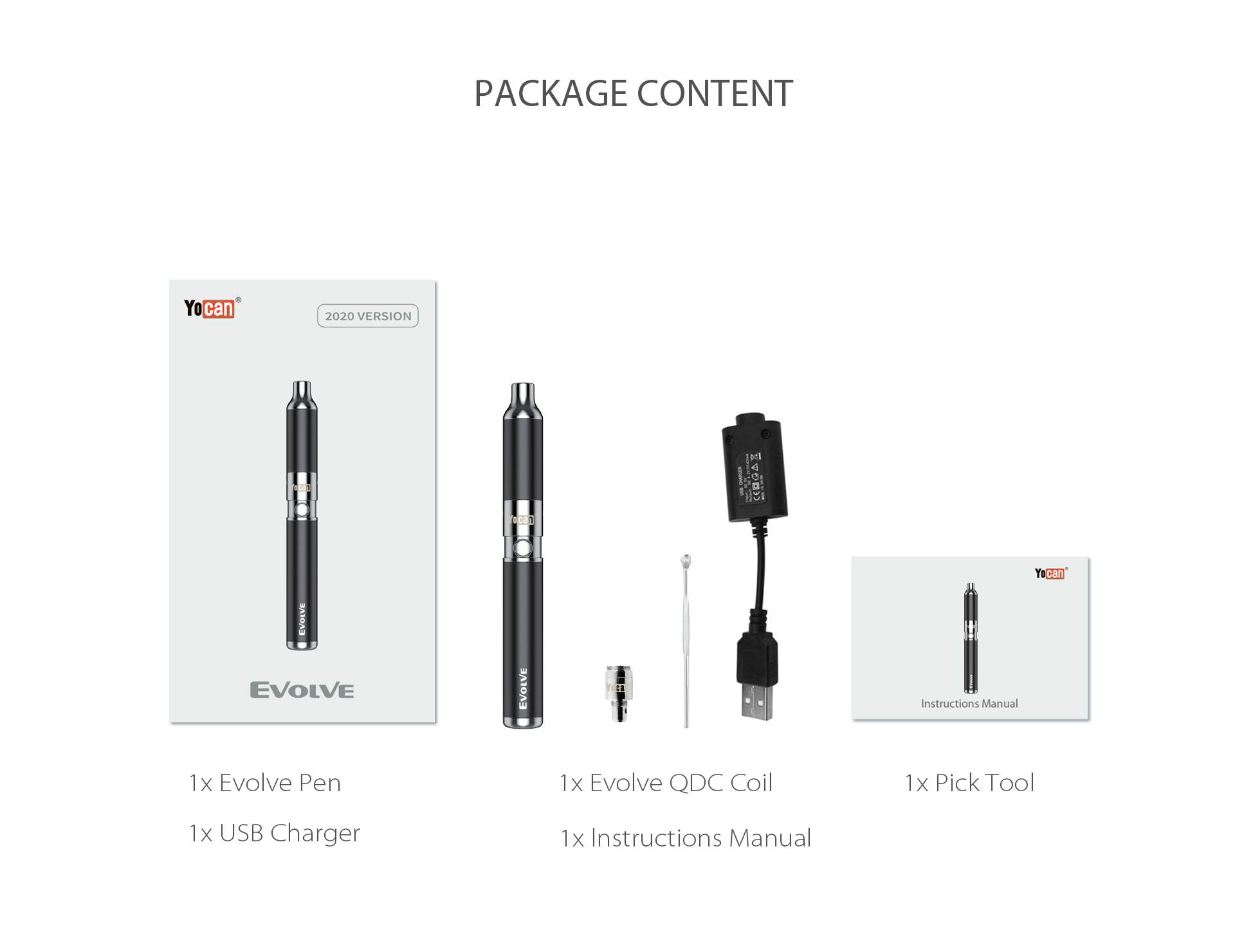 Yocan Evolve Vaporizer 2020 Version package content.