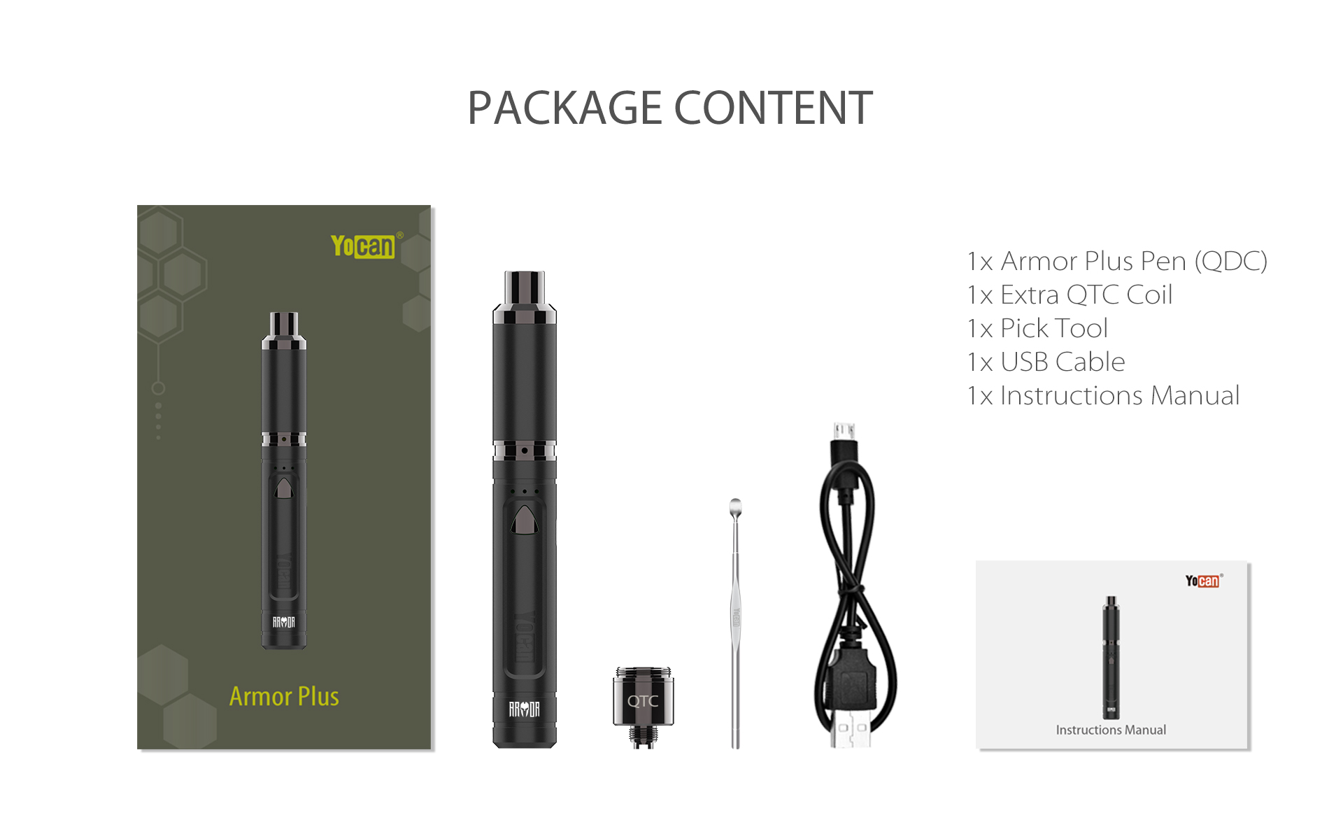 Yocan Armor Plus vape pen package content.