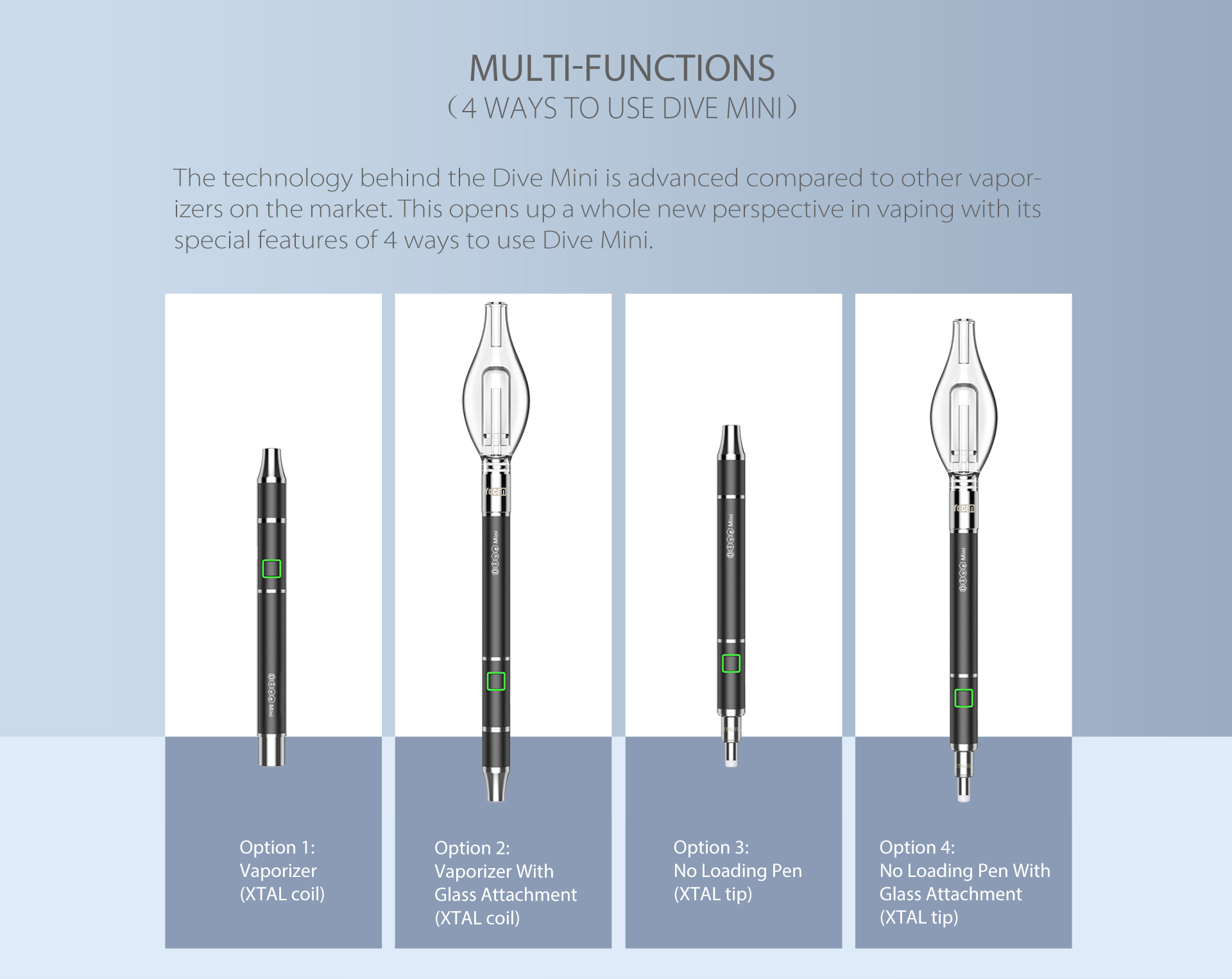 Yocan Dive Mini vaporizer features 4 vaping ways.