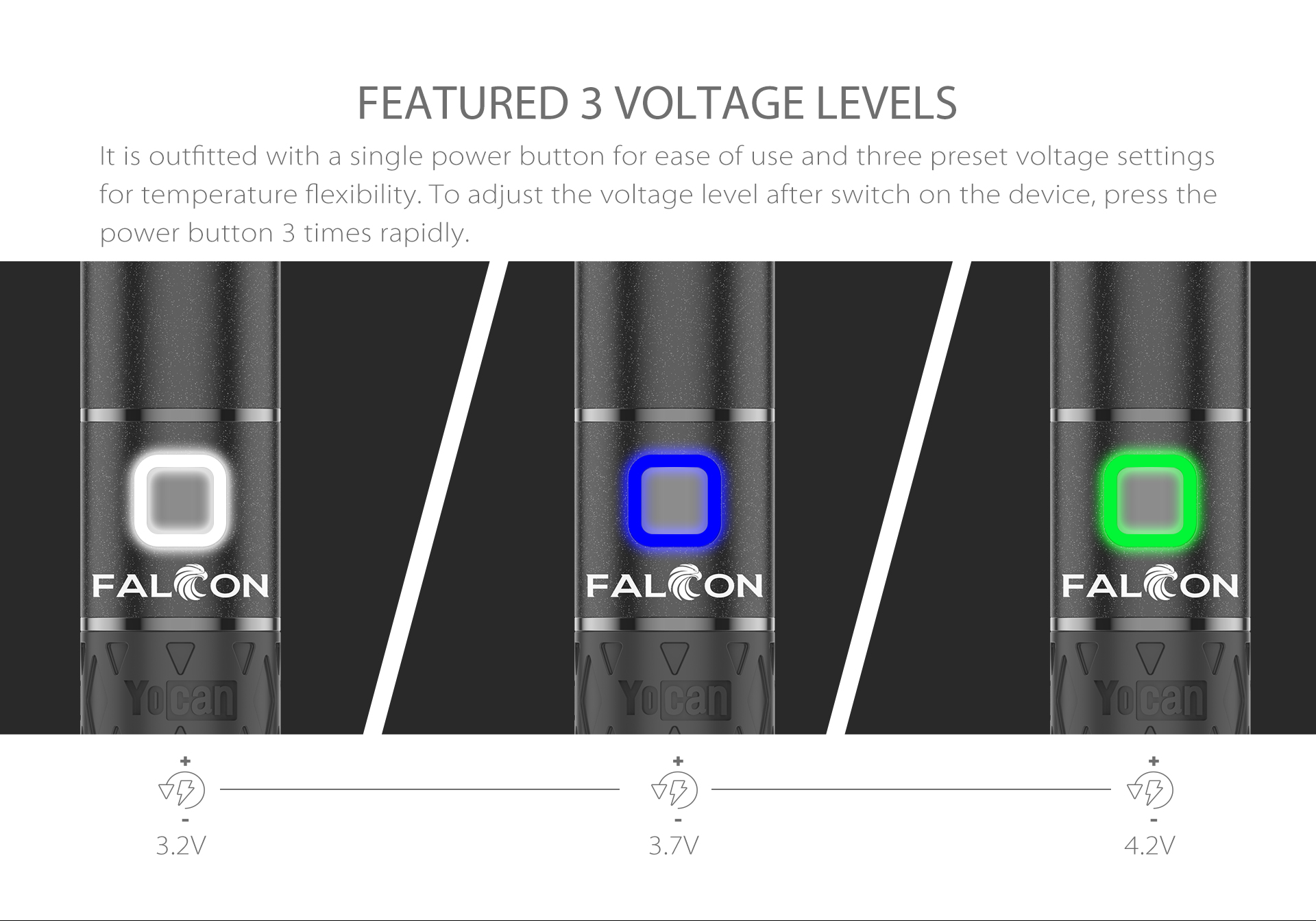 Yocan Falcon Vaporizer is outfitted with a single power button for ease of use and three preset voltage
