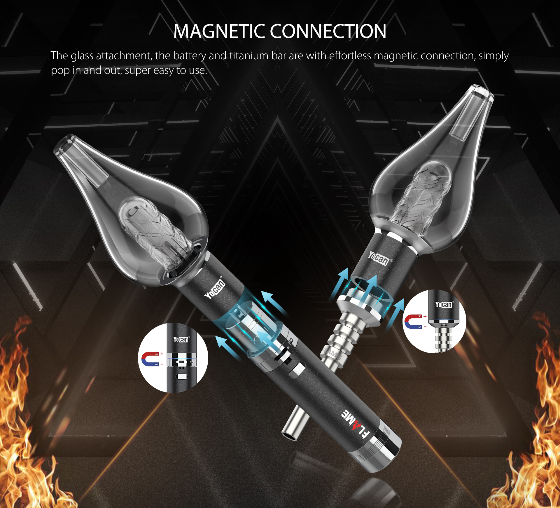 Yocan Flame vaporizer pen comes with with effortless magnetic connection.