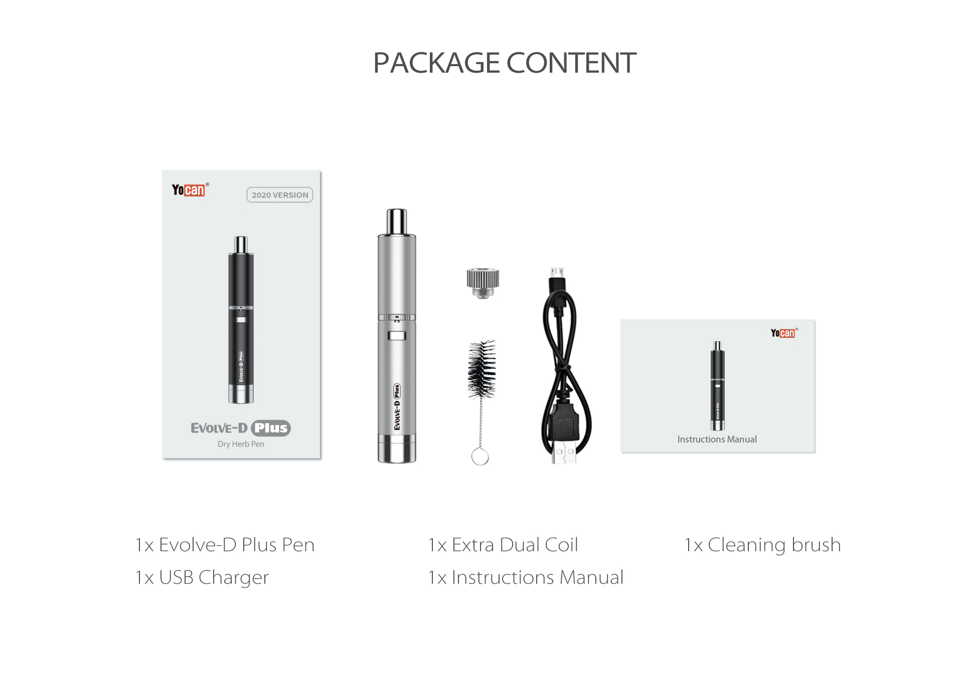 The package content of Yocan Evolve-D Plus vaporizer pen 2020 version.