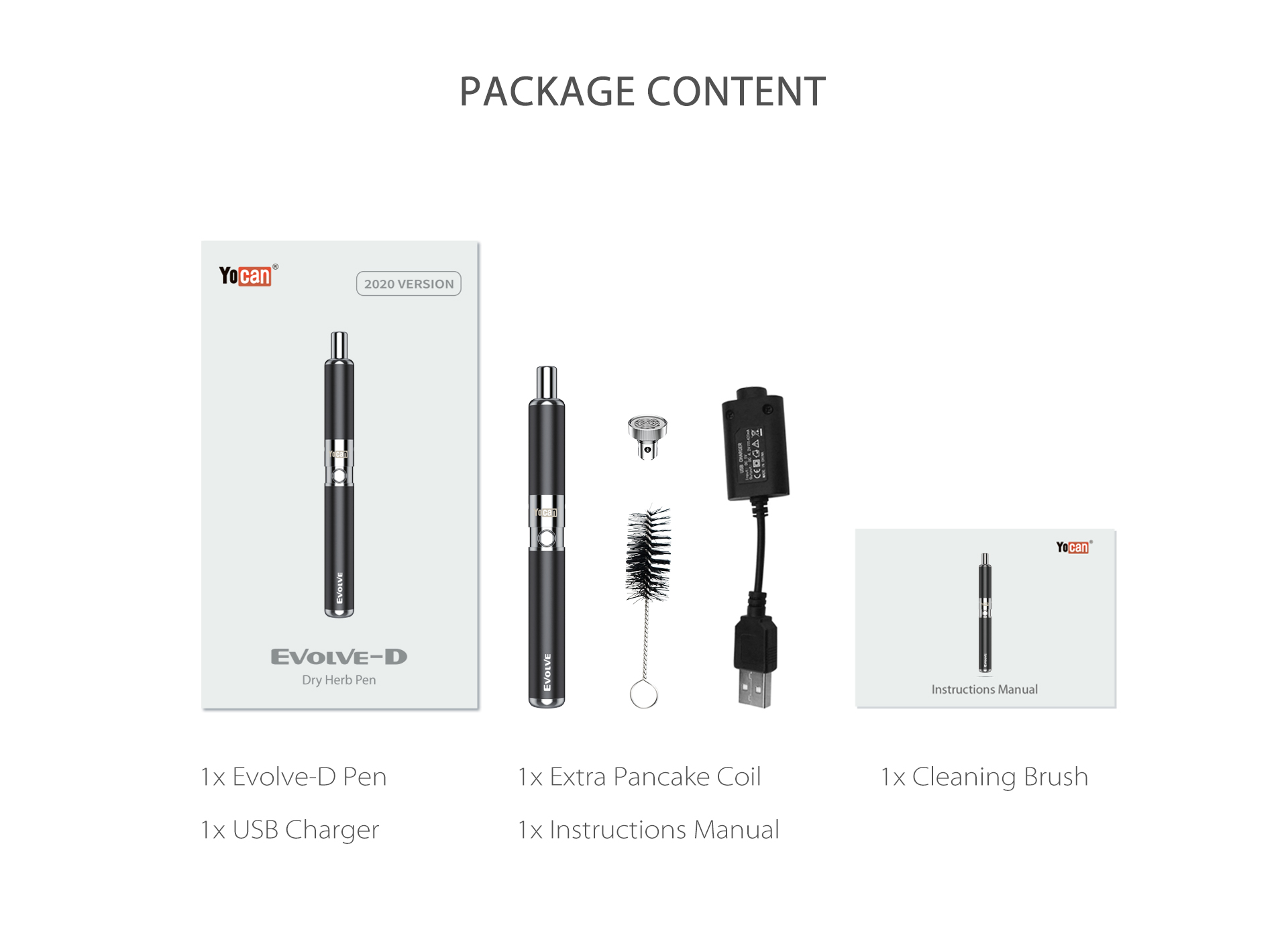 Yocan Evolve-D vaporizer pen 2020 version package content.