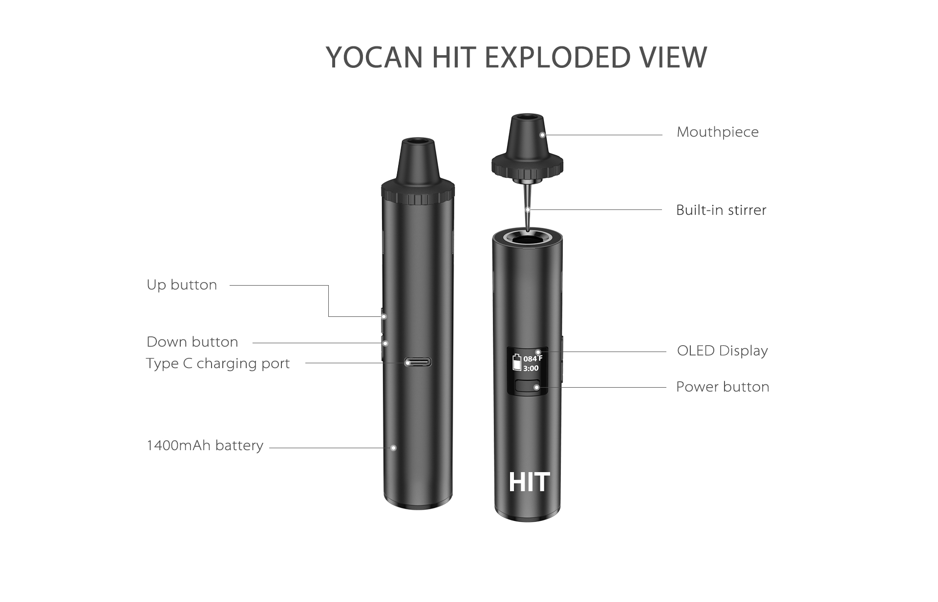 Yocan Hit Vaporizer Pen exploded view.