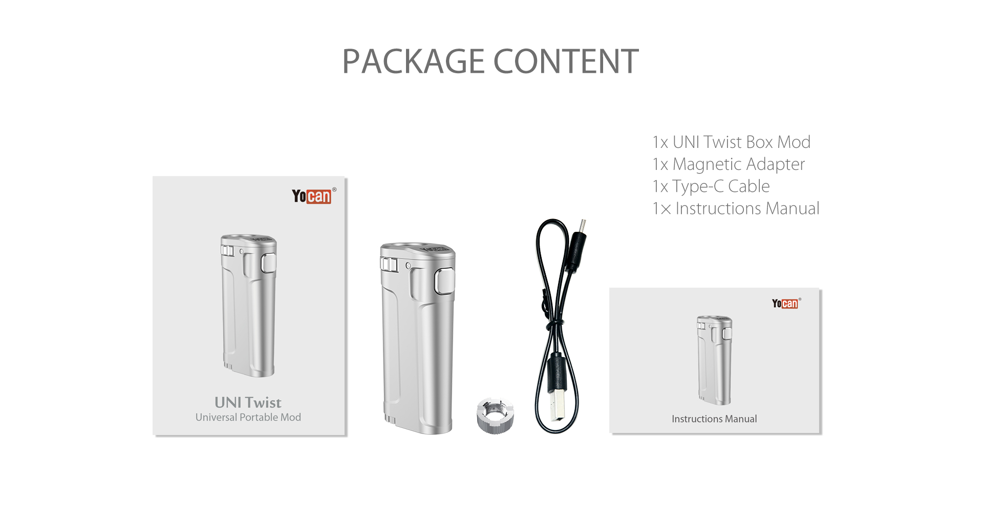 The package content of Yocan UNI Twist Universal Portable Mod.