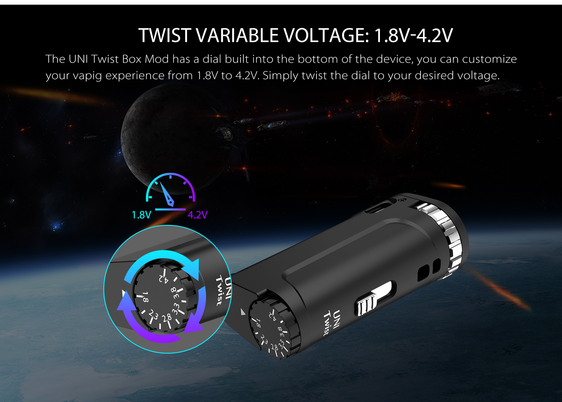 Yocan UNI Twist Universal Portable Mod has a dial built into the bottom of the device.