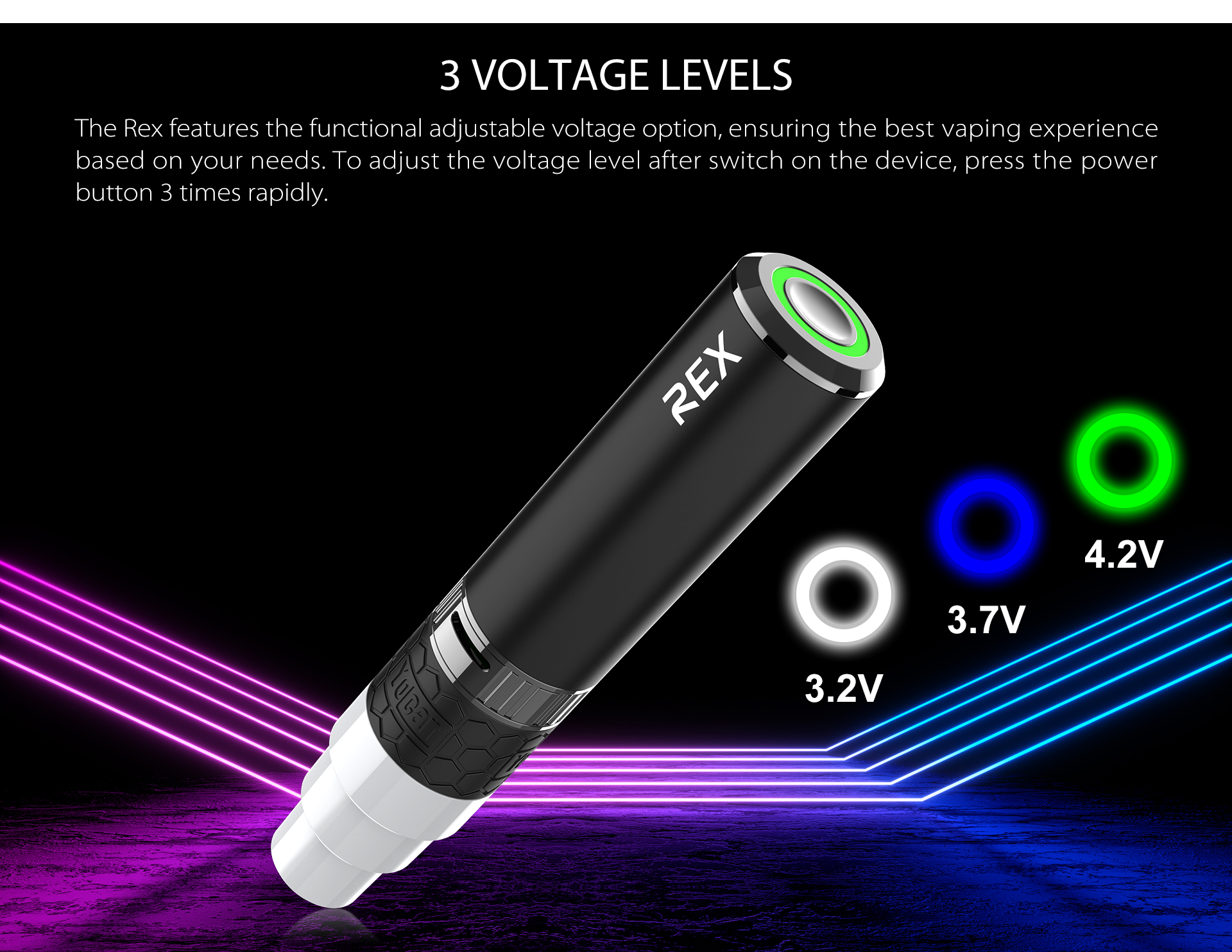 The Yocan Rex features 3 preset functional adjustable voltage option