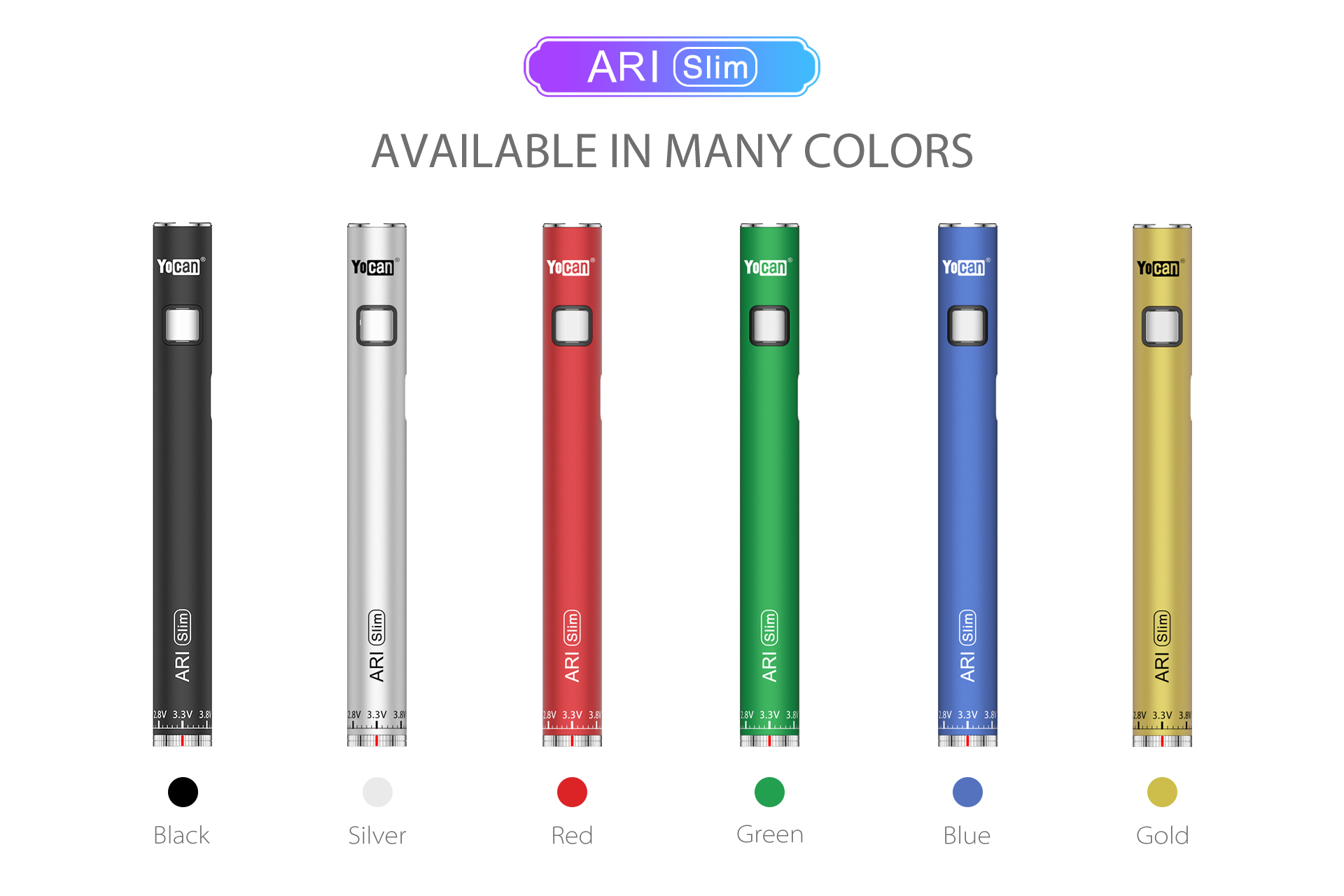 Yocan ARI Slim Variable Voltage Vape Battery available in 6 colors.