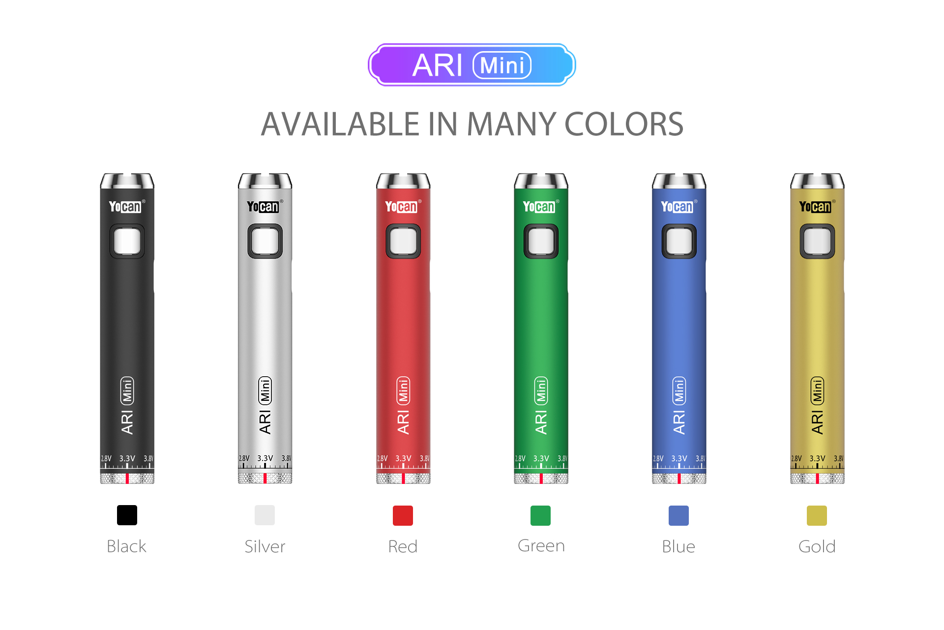 Yocan ARI Mini Variable Voltage Vape Battery available in 6 colors.