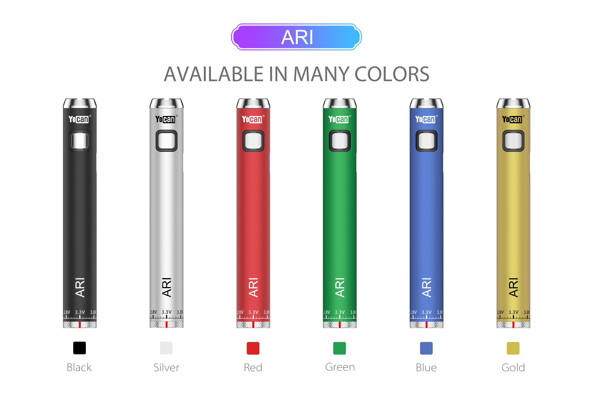 Yocan ARI Variable Voltage Vape Battery available in 6 colors.