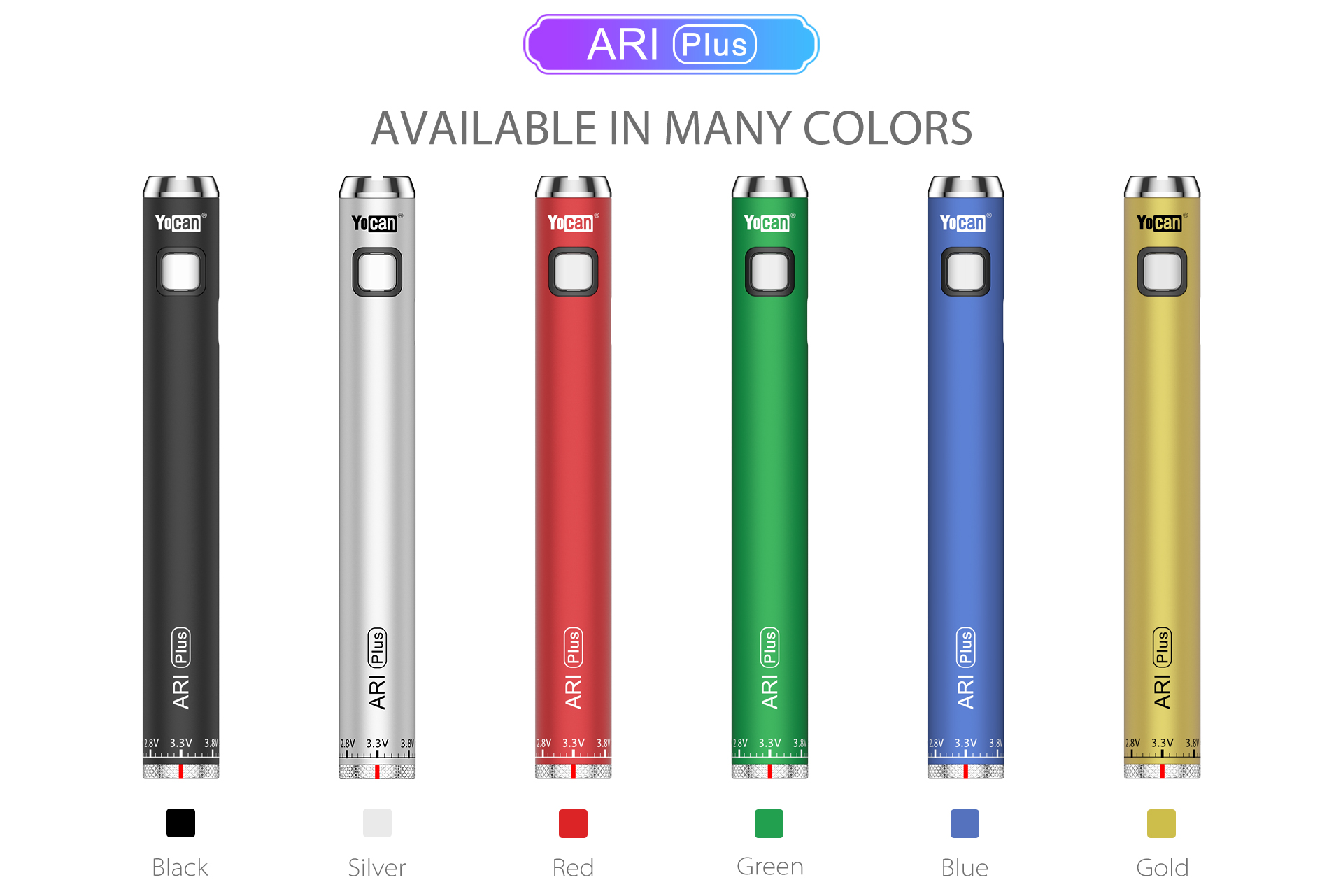 Yocan ARI Plus Variable Voltage Vape Battery available in 6 colors.