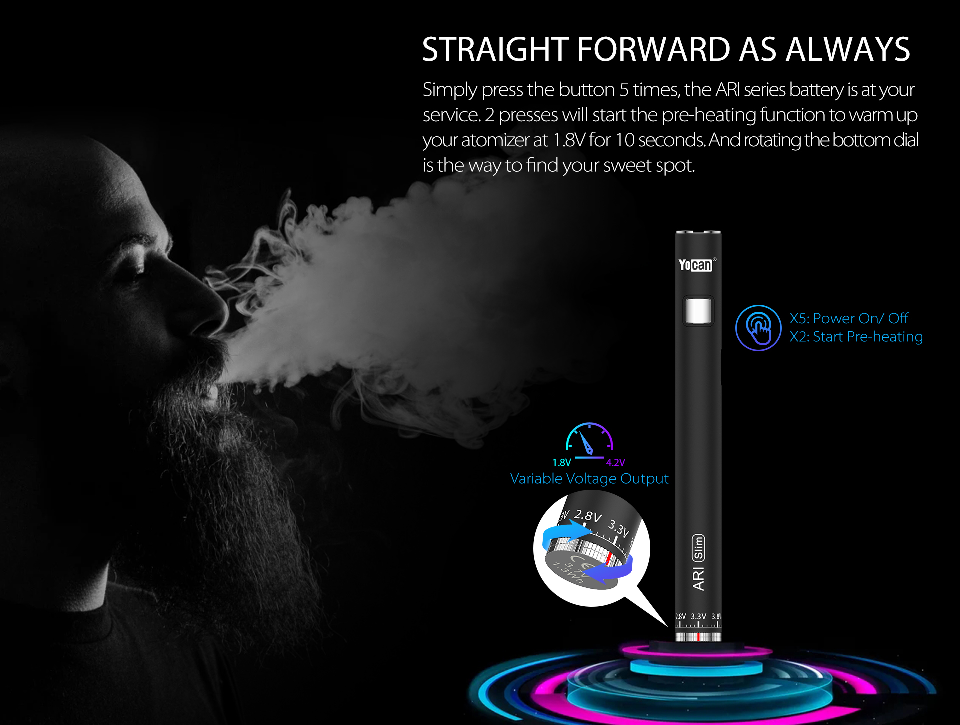 Yocan ARI Series Variable Voltage battery is at your service.