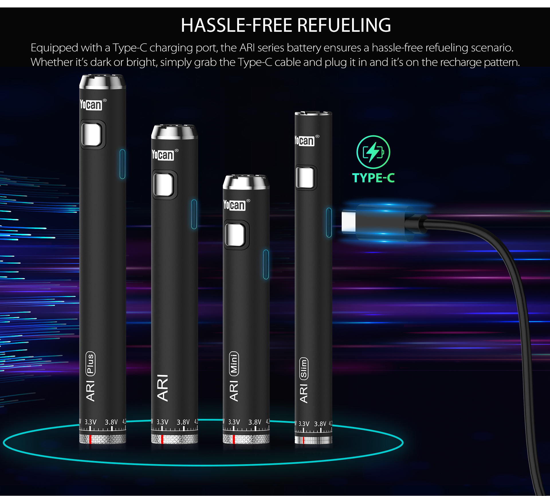 Yocan ARI Series Variable Voltage battery comes with a type C charging port.